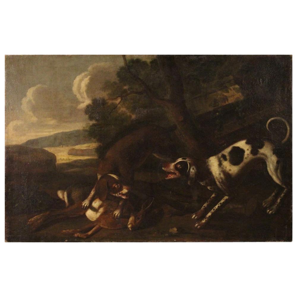 Antique Italian Hunting Scene Painting from the 18th Century For Sale