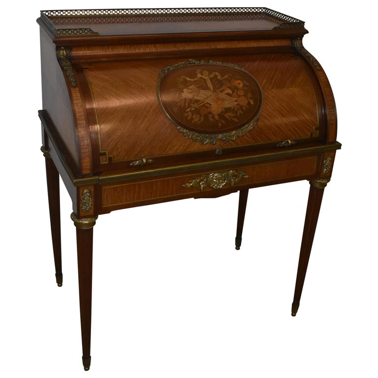 Antique Italian Inlaid Mixed Wood Musical Instruments Writing Desk