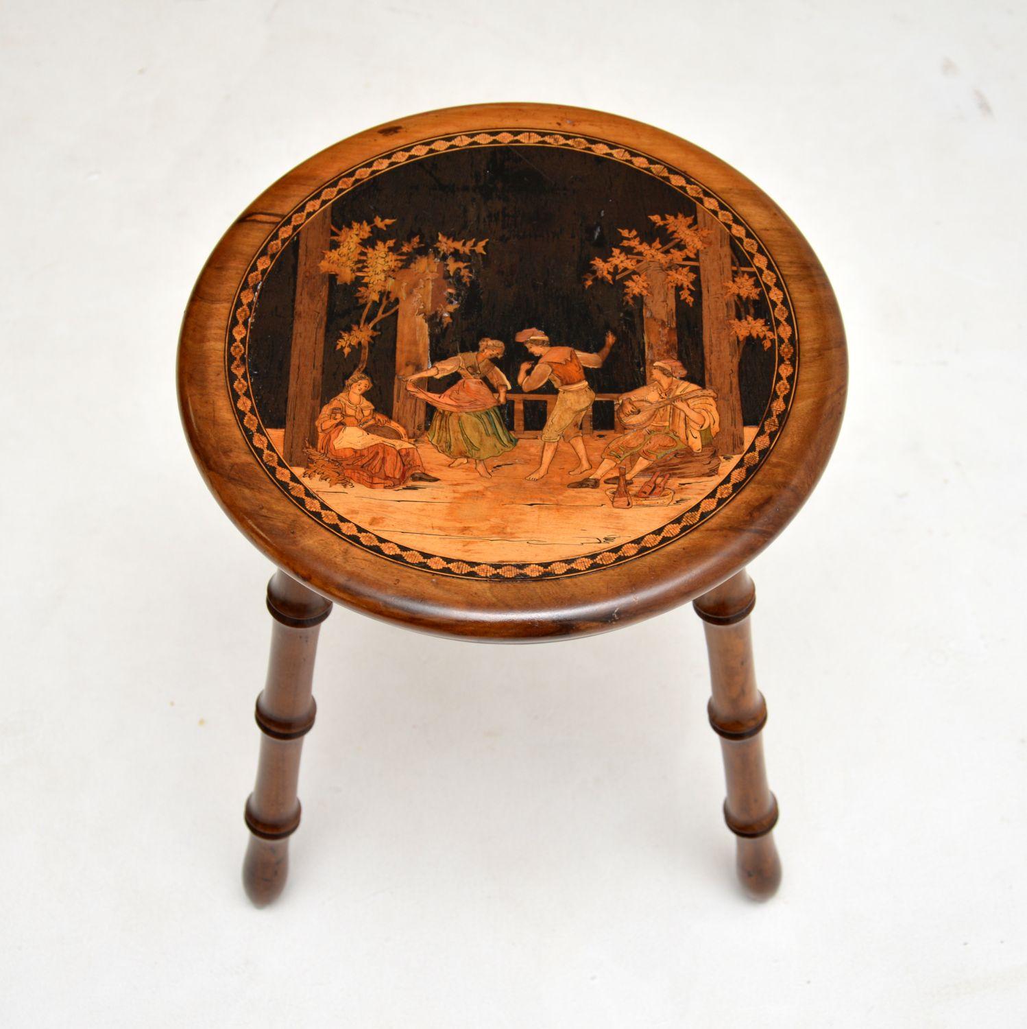 Antique Italian Inlaid Olive Wood Stool In Good Condition In London, GB