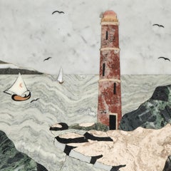 Antique Italian Inlaid Stone or Pietra Dura of a Bayscape with Lighthouse