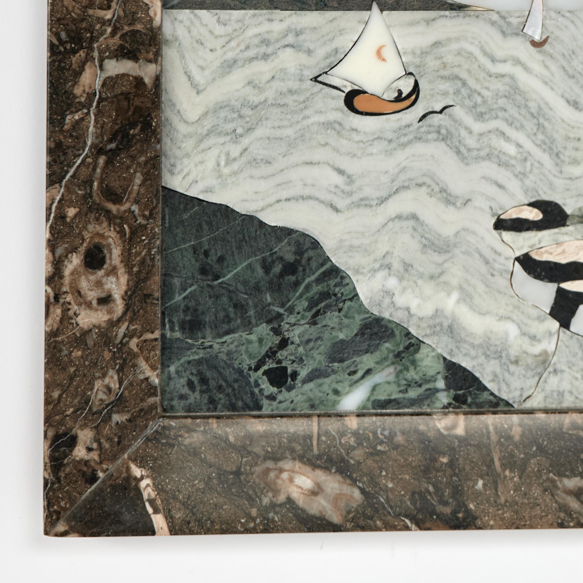 Antigua incrustación italiana de piedra o PIETRA DURA de un paisaje de bahía con faro en Bueno estado para la venta en Palm Beach, FL