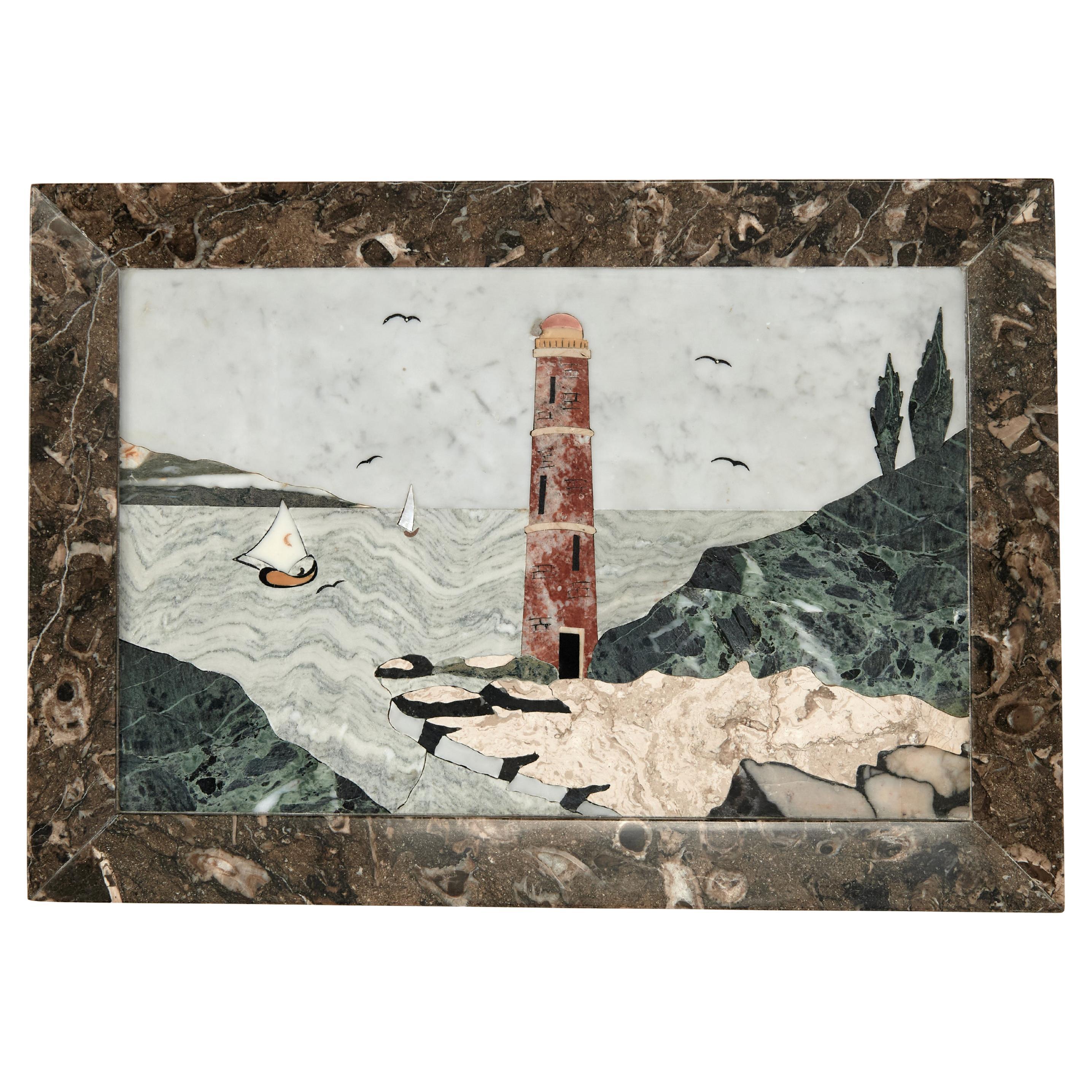 Antique Italian Inlaid Stone or Pietra Dura of a Bayscape with Lighthouse