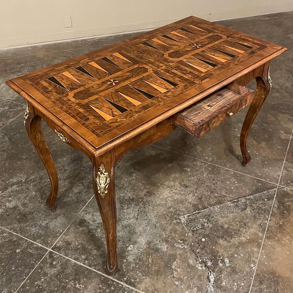 Bronze Antique Italian Inlaid Walnut Game Table For Sale