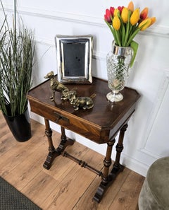Antique Italian Inlay Veneer Wood Bobbin Barley Twist Legs Sewing Side Table