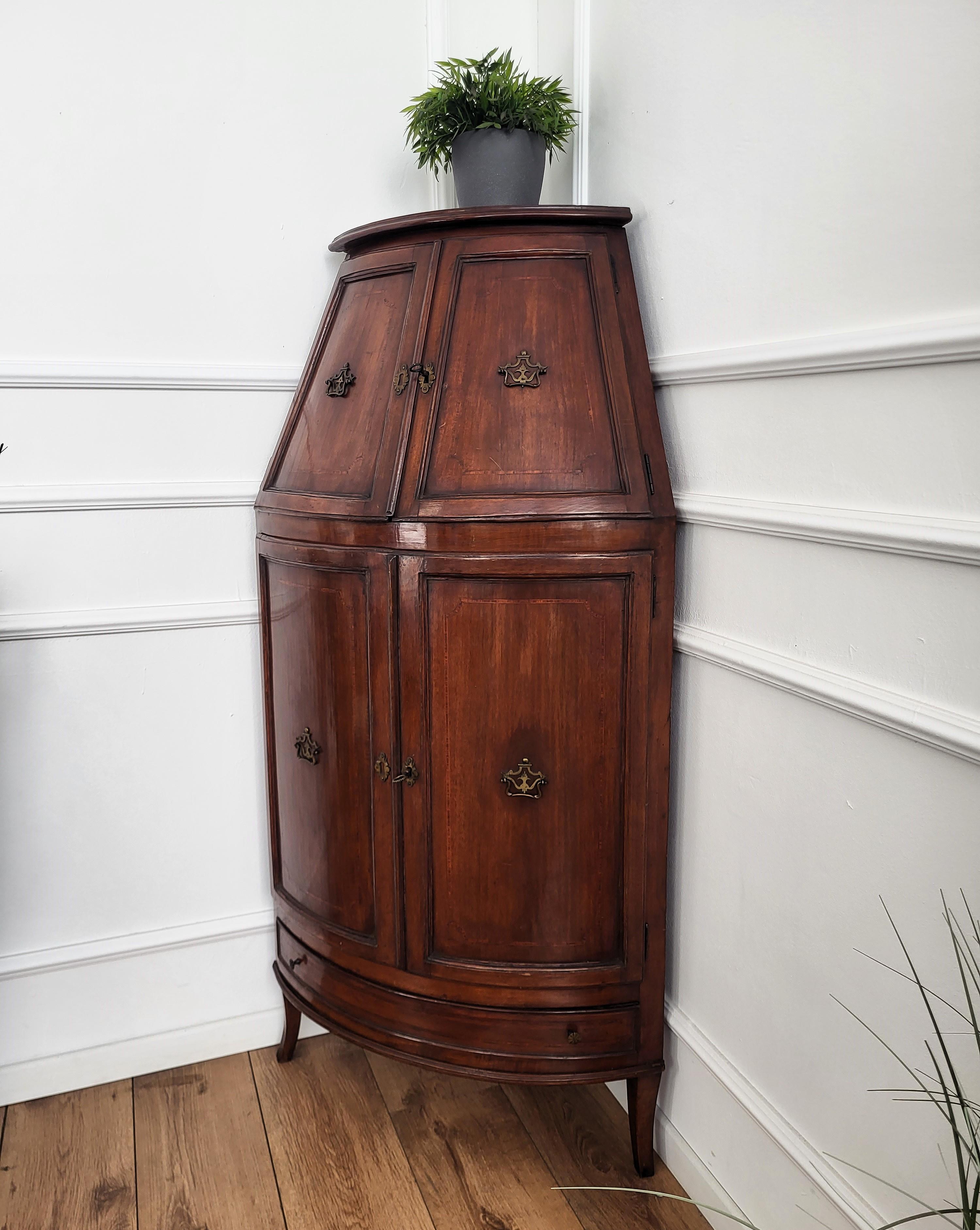 Louis XVI Antique Italian Inlay Walnut Wood Tall Bar Corner Cabinet Cupboard