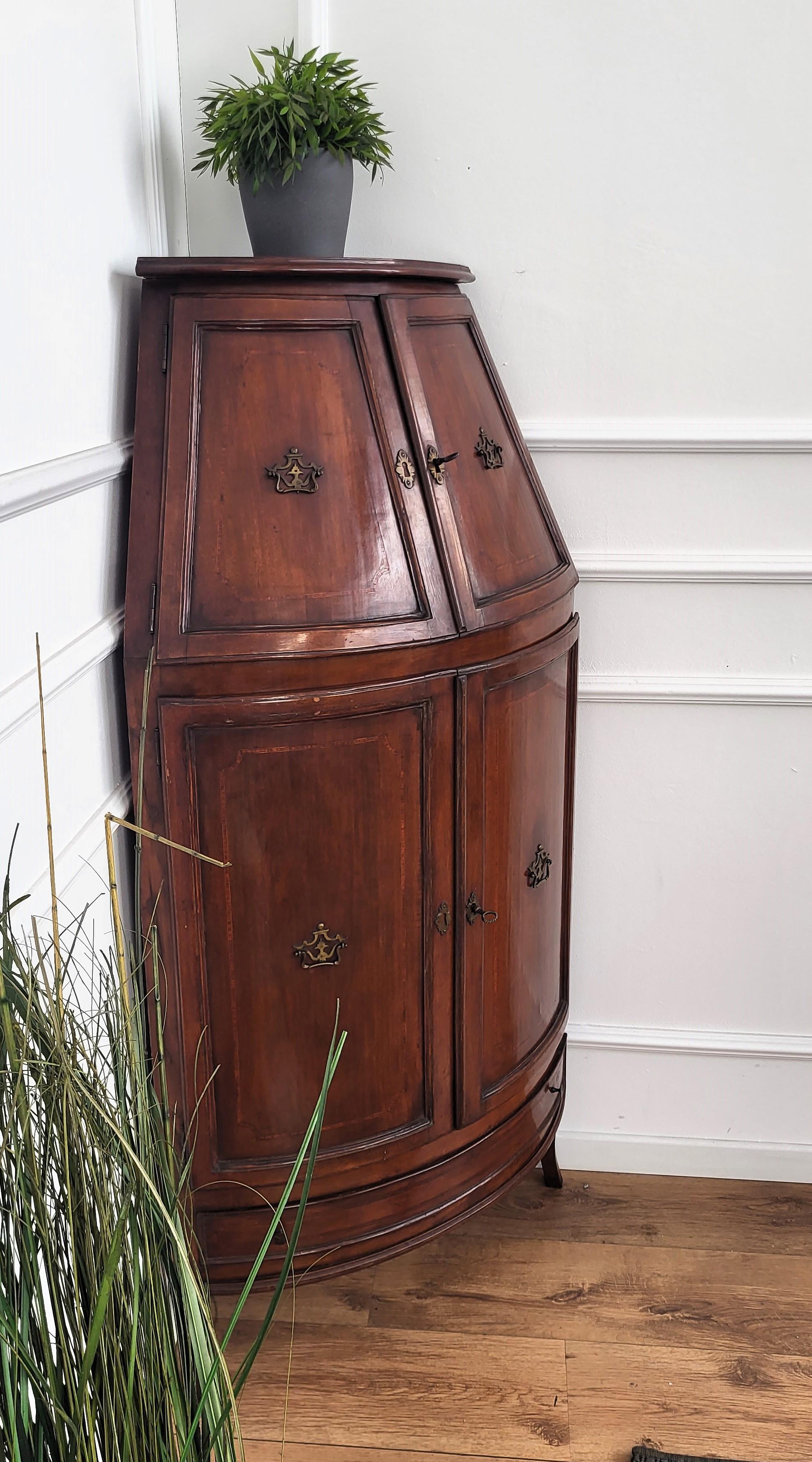 20th Century Antique Italian Inlay Walnut Wood Tall Bar Corner Cabinet Cupboard