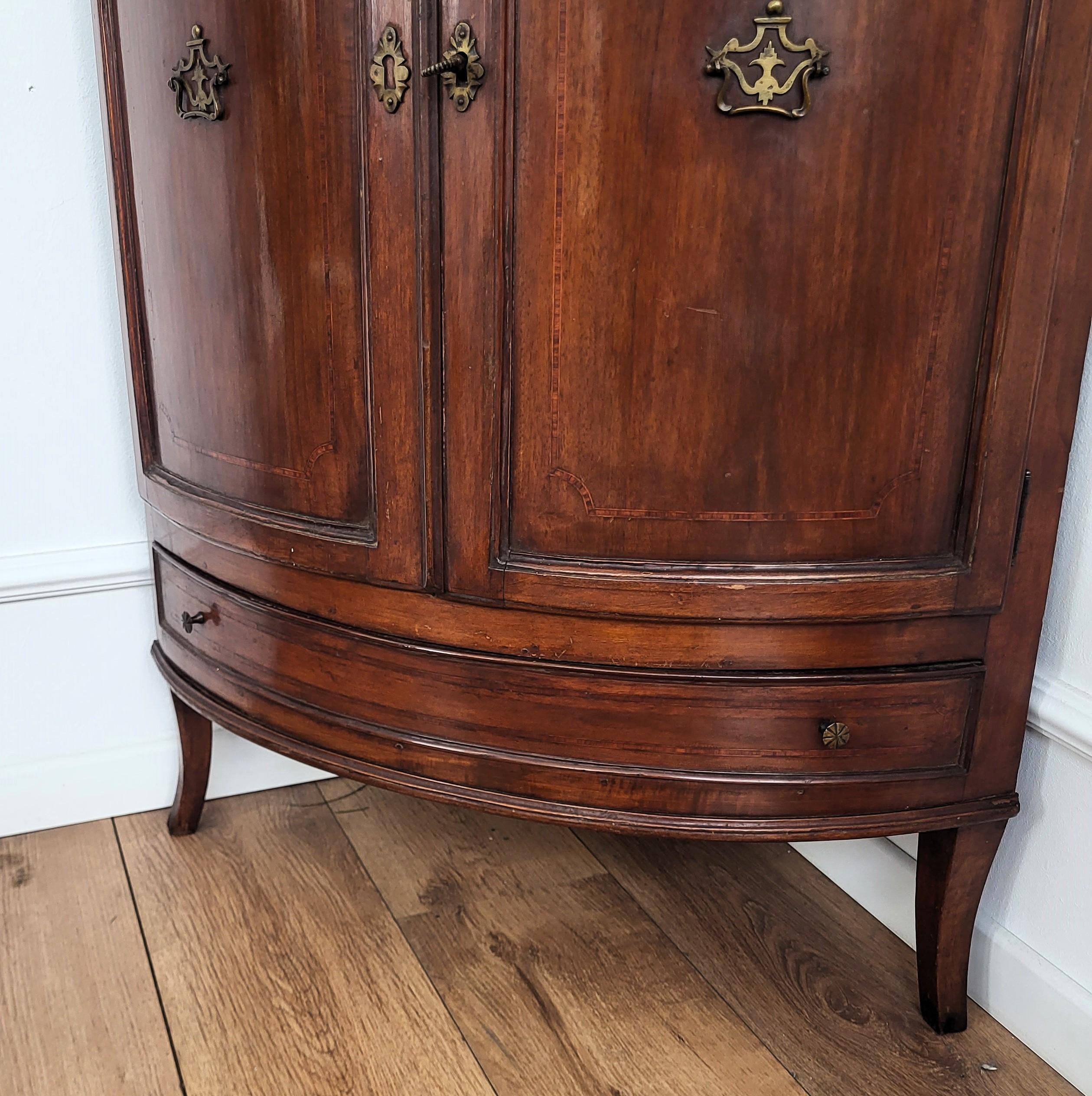 Brass Antique Italian Inlay Walnut Wood Tall Bar Corner Cabinet Cupboard