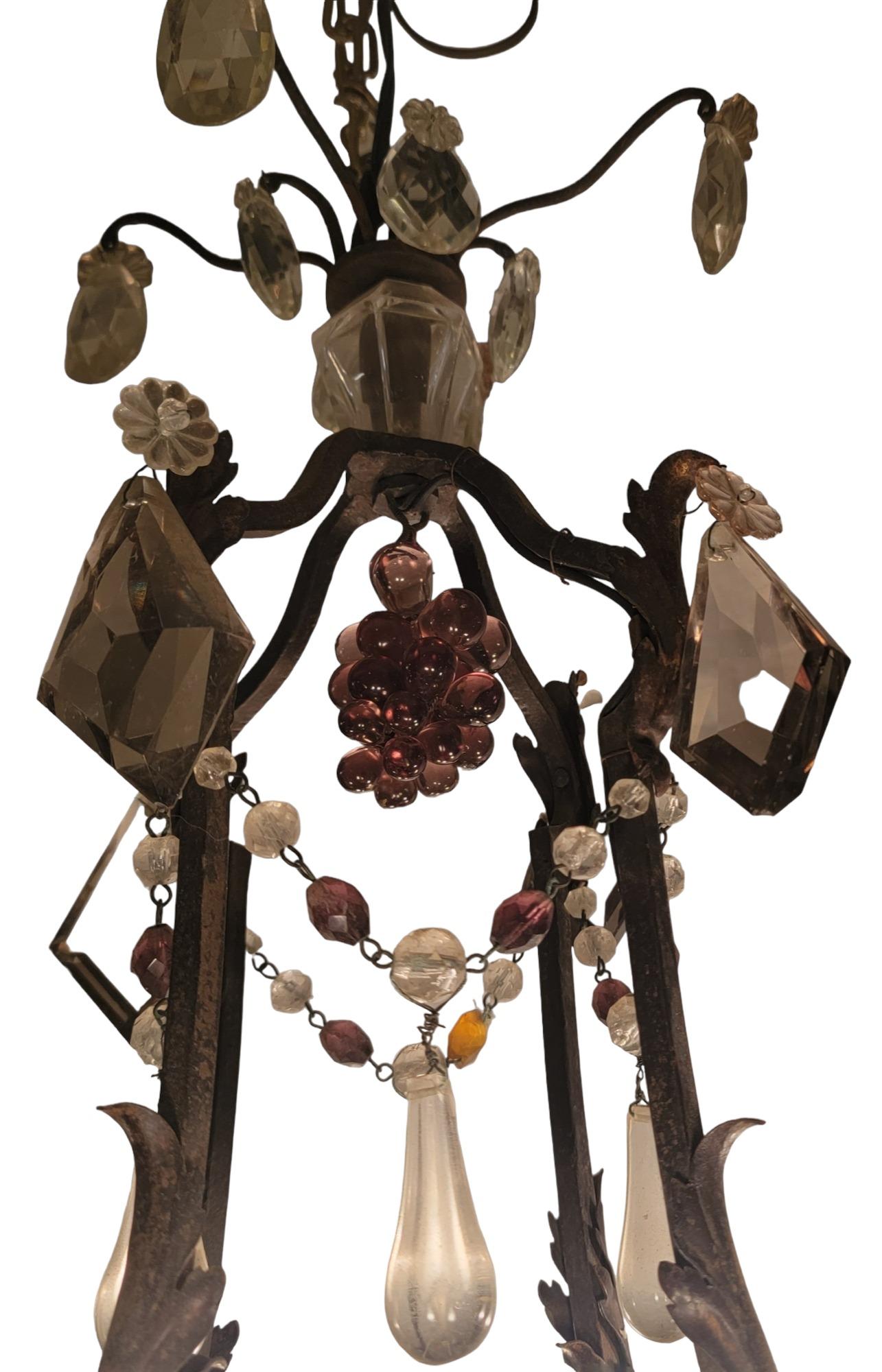 Mid-20th Century Antique Italian Iron and Crystal Chandelier with Crystal Fruits For Sale