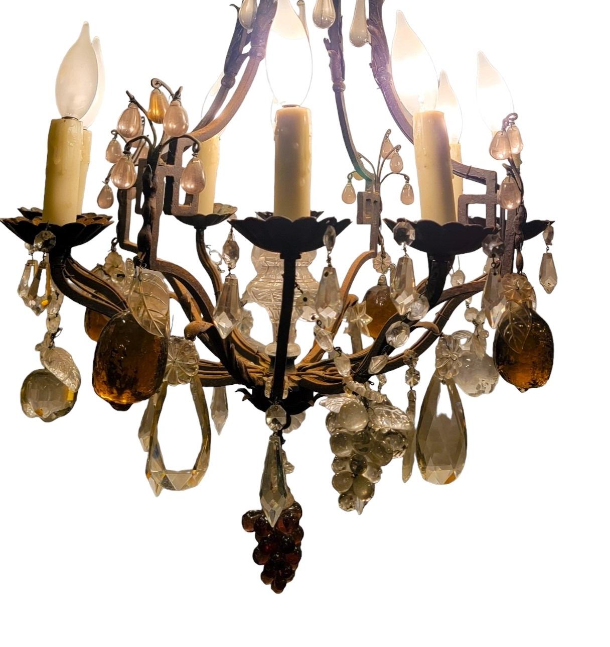 Mid-Century Modern Antique Italian Iron and Crystal Chandelier with Crystal Fruits For Sale
