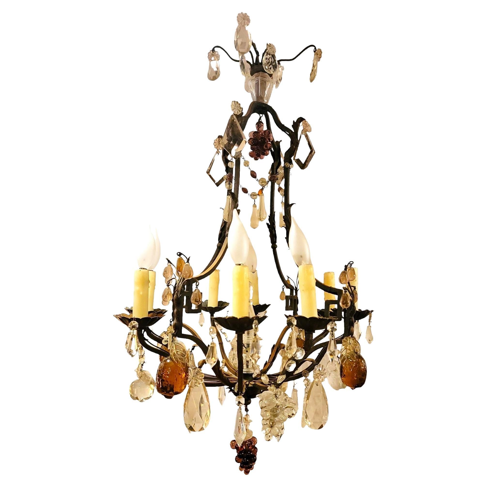 Antique Italian Iron and Crystal Chandelier with Crystal Fruits