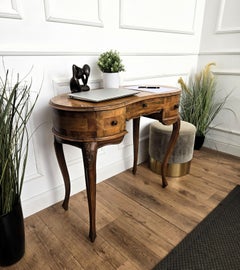 Antique Italian Kidney Shaped Inlay Marquetry Walnut Wood Writing Desk Table