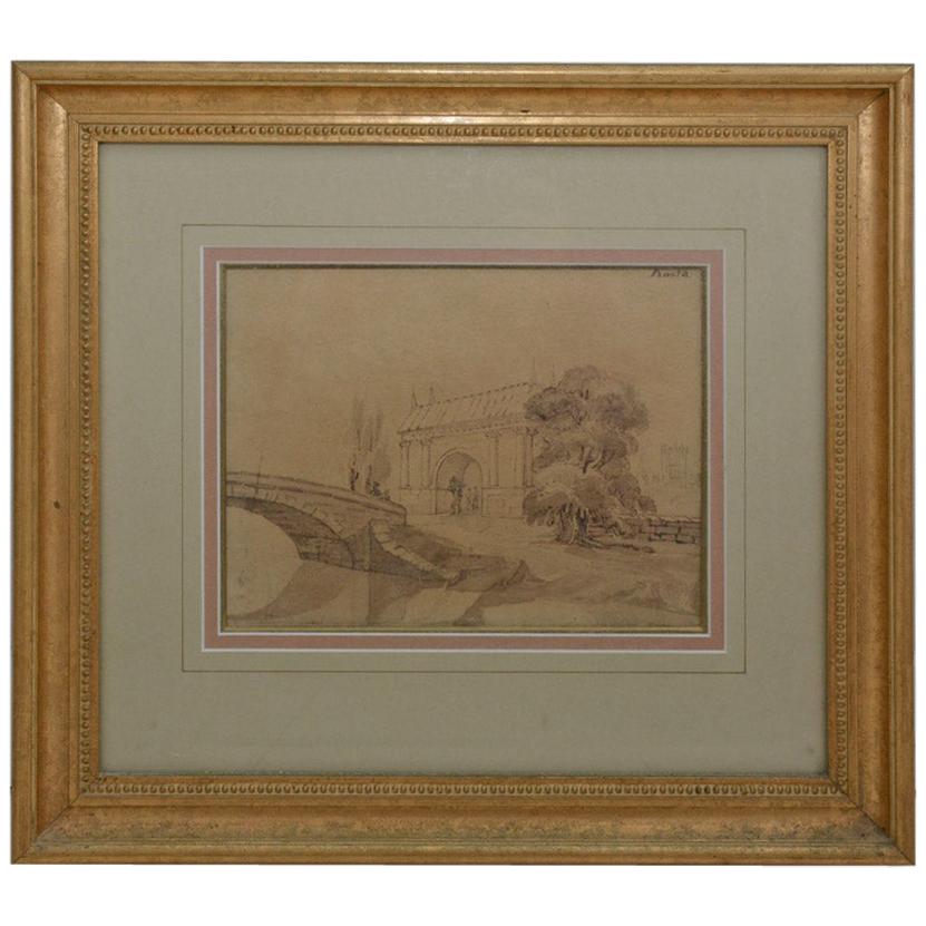 Dessin d'un paysage italien ancien dans un cadre doré en vente