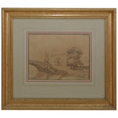 Antique Italian Landscape Drawing in Gilt Frame