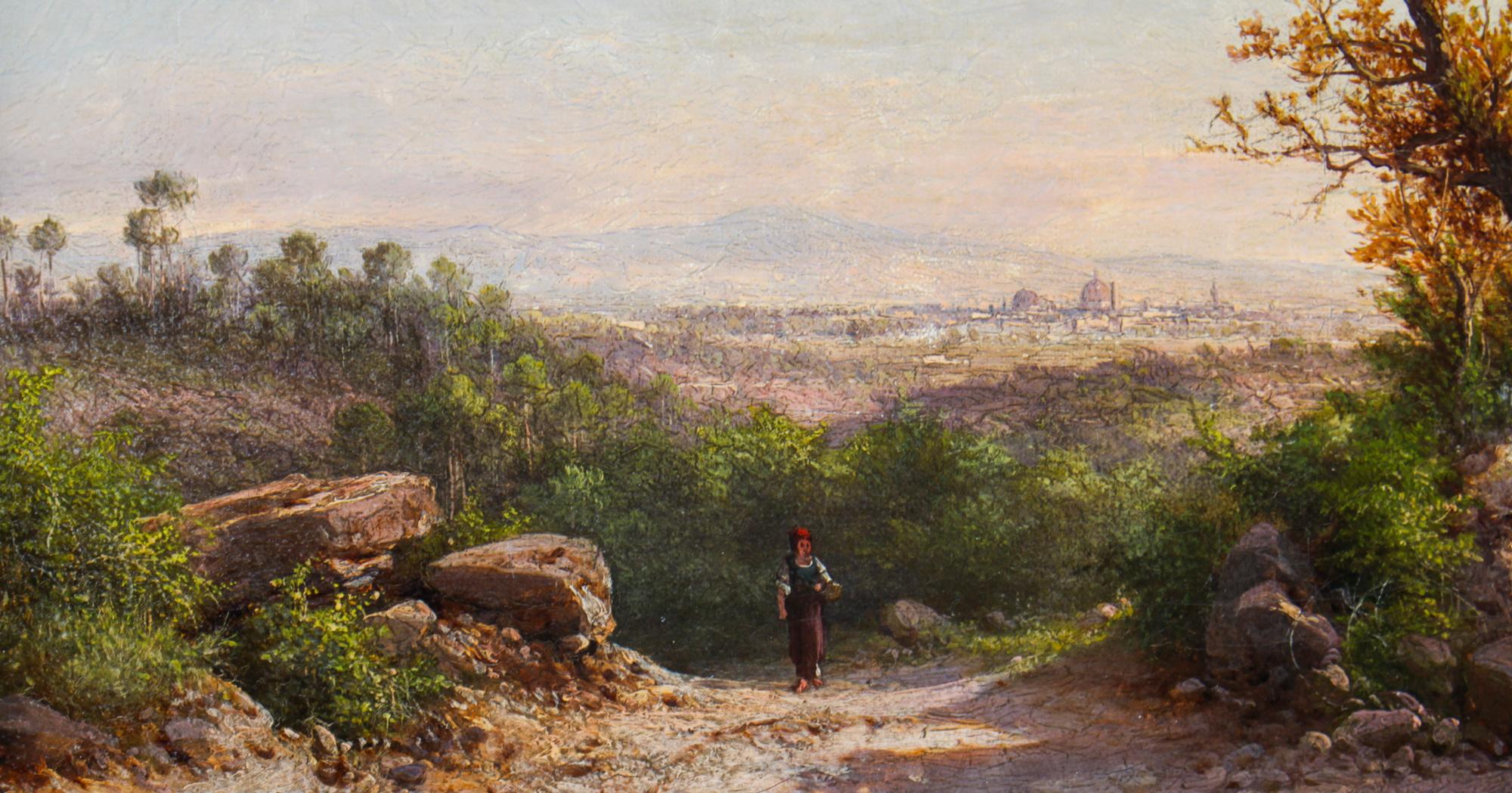 A beautiful oil on canvas painting by Guido Agostini, Italian, 1865-1898, late 19th century in date.
 
The sensitively painted landscape shows a girl on a country road with the city of Florence in the distance. The painting has a captivating