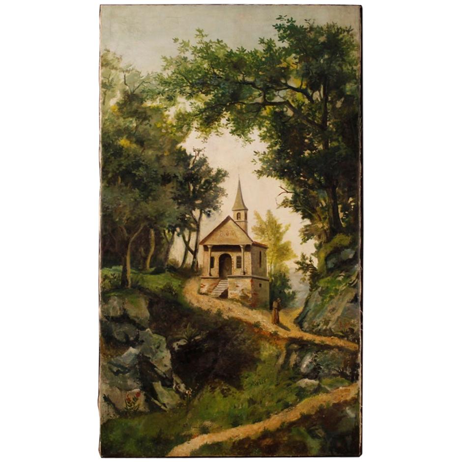 Great ancient painting Italian from the second half of the 19th century. Painting oil on canvas depicting a countryside landscape of romantic taste. Work that has undergone a conservative restoration and relining. Overall in good state of