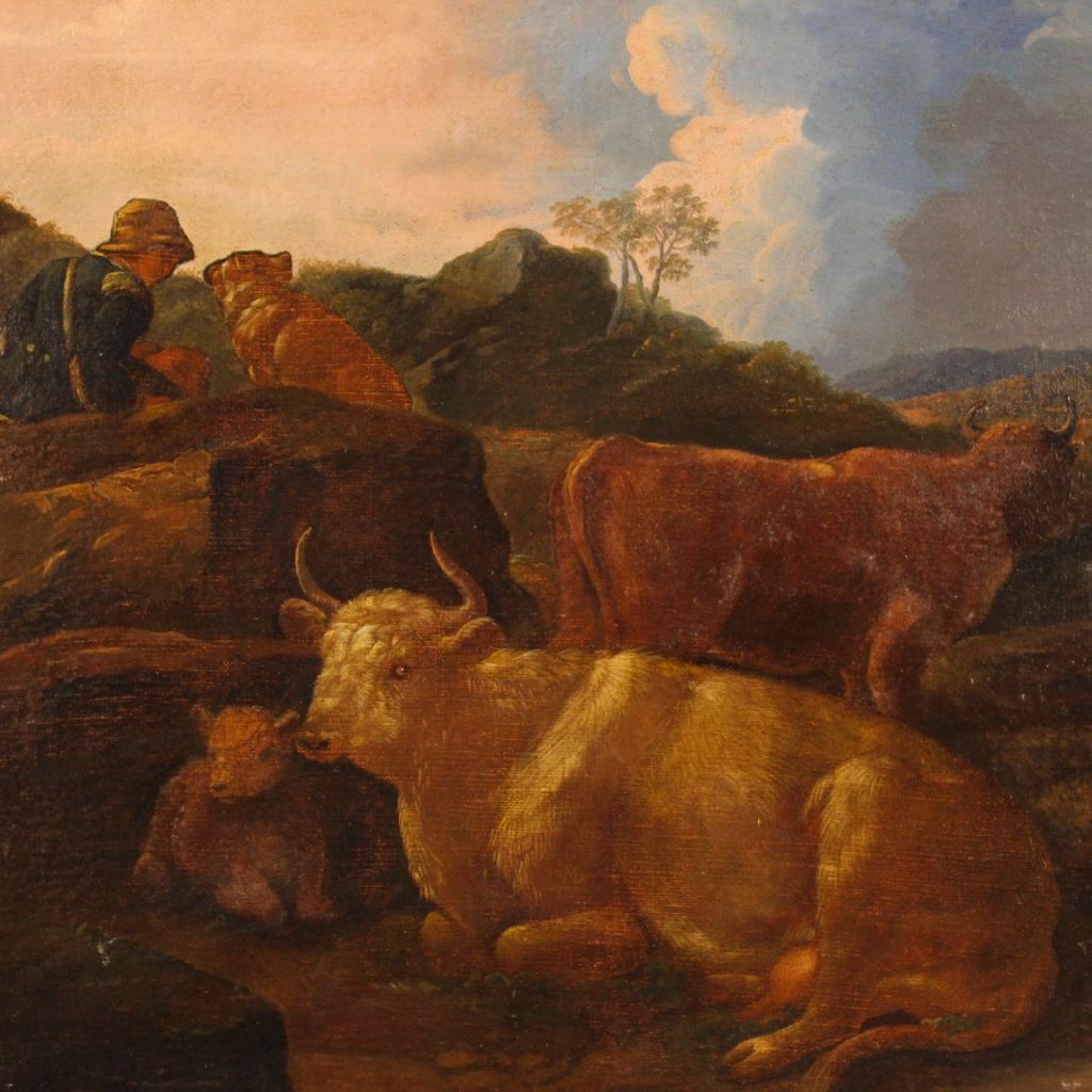 Ancient painting, 19th century, Italian. Opera oil on canvas depicting landscape with cows and shepherd with dog of good pictorial quality. Framework of good measure that has undergone a conservative restoration and color recovery during the 20th