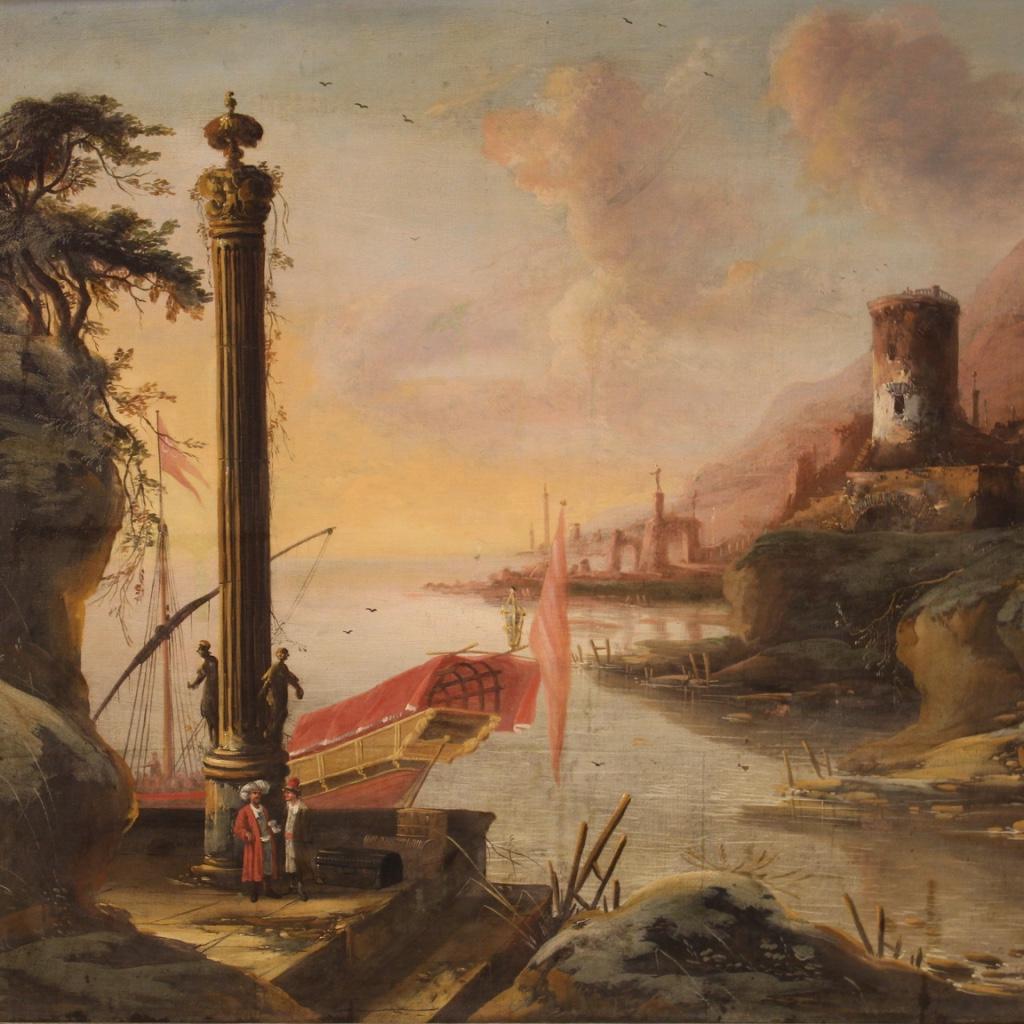 Large 18th century Italian landscape. Opera oil on canvas depicting spectacular sunset over
harbour view with figures and a Turkish sailing ship. Ancient navy with excellent pictorial hand and bright colors, note the quality of the architectural