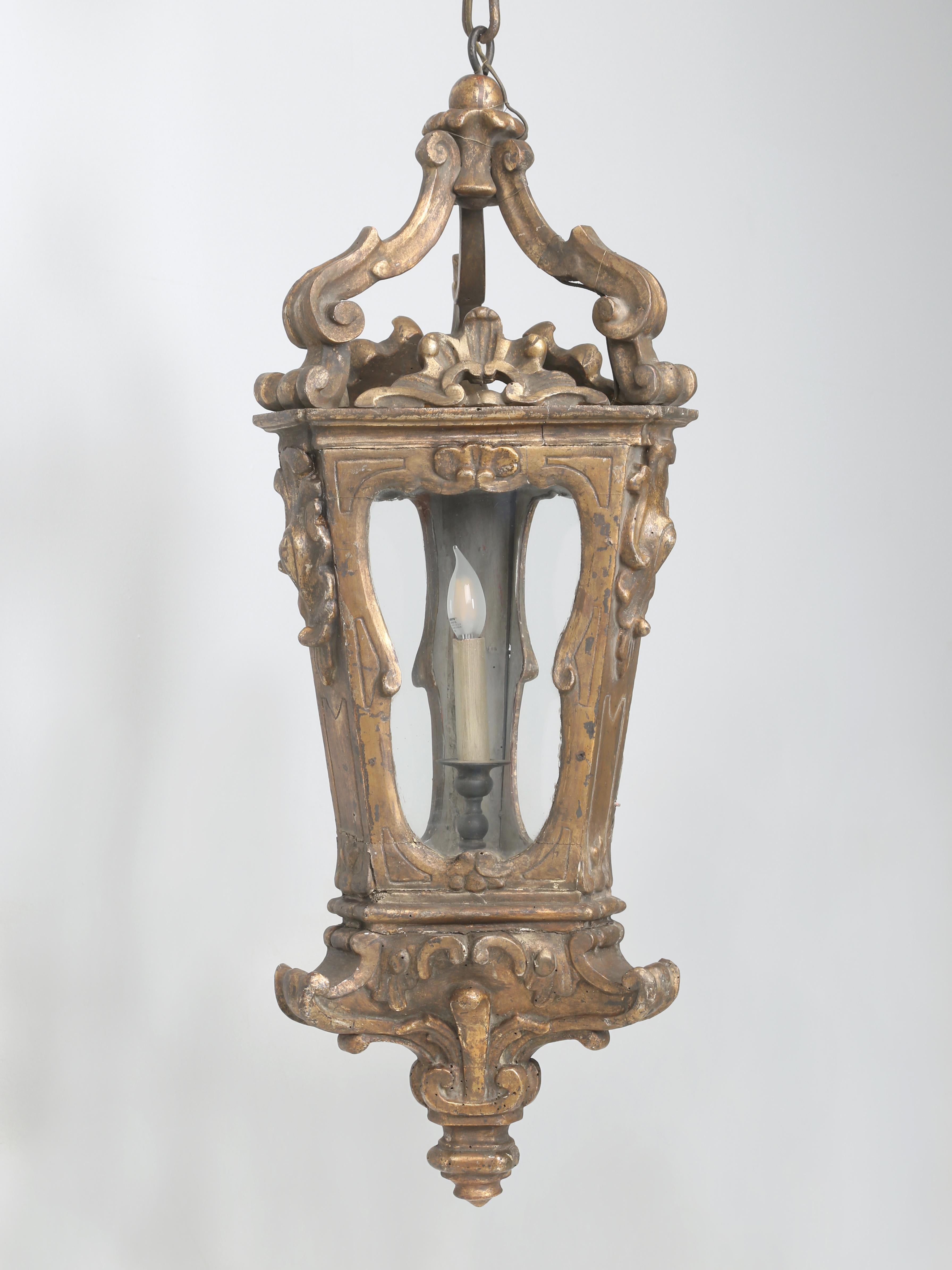 Rococo Antique Italian Lantern Hand-Carved Wood Original Gilding Over 250-Years Old For Sale