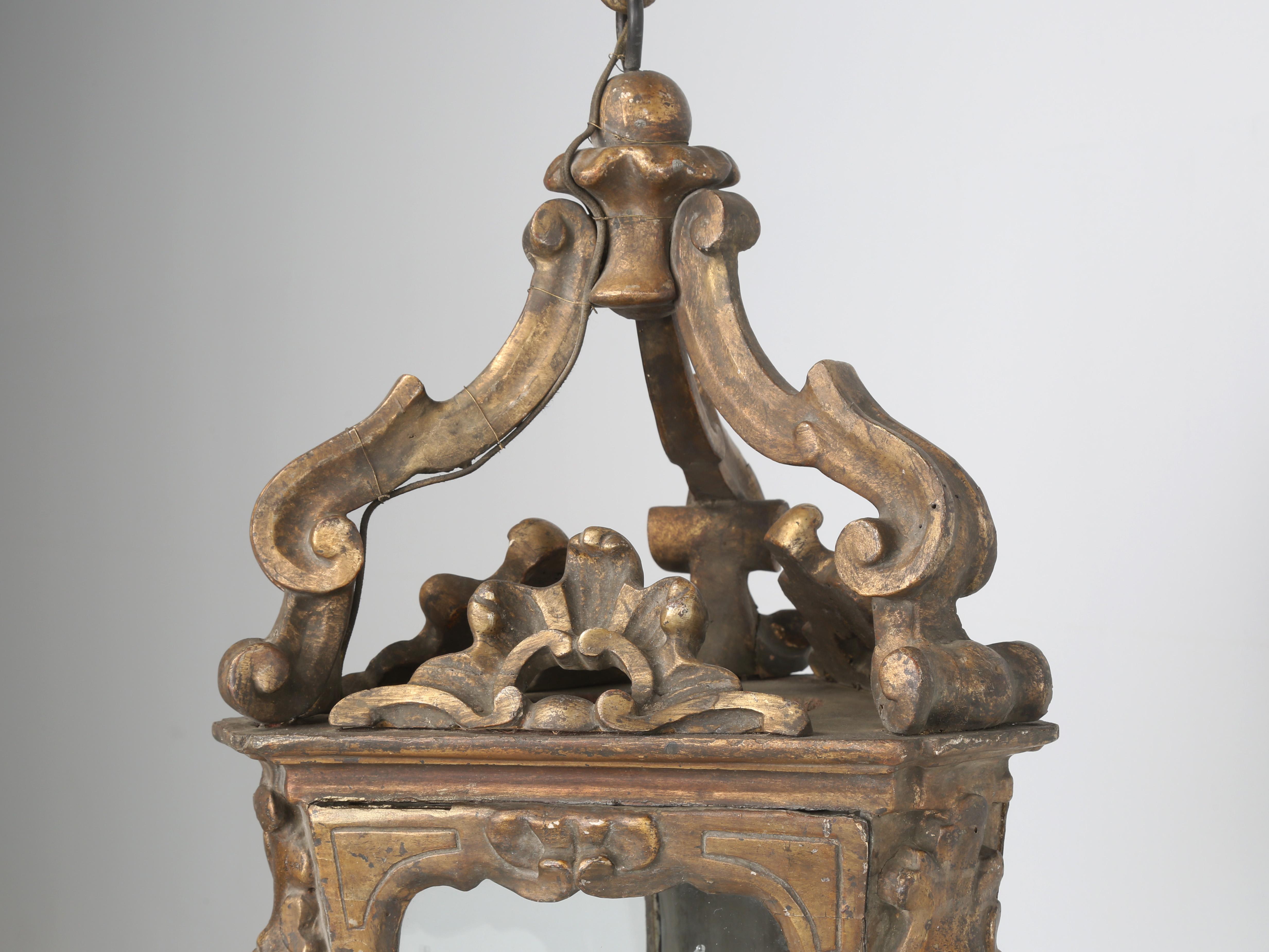 Mid-18th Century Antique Italian Lantern Hand-Carved Wood Original Gilding Over 250-Years Old For Sale