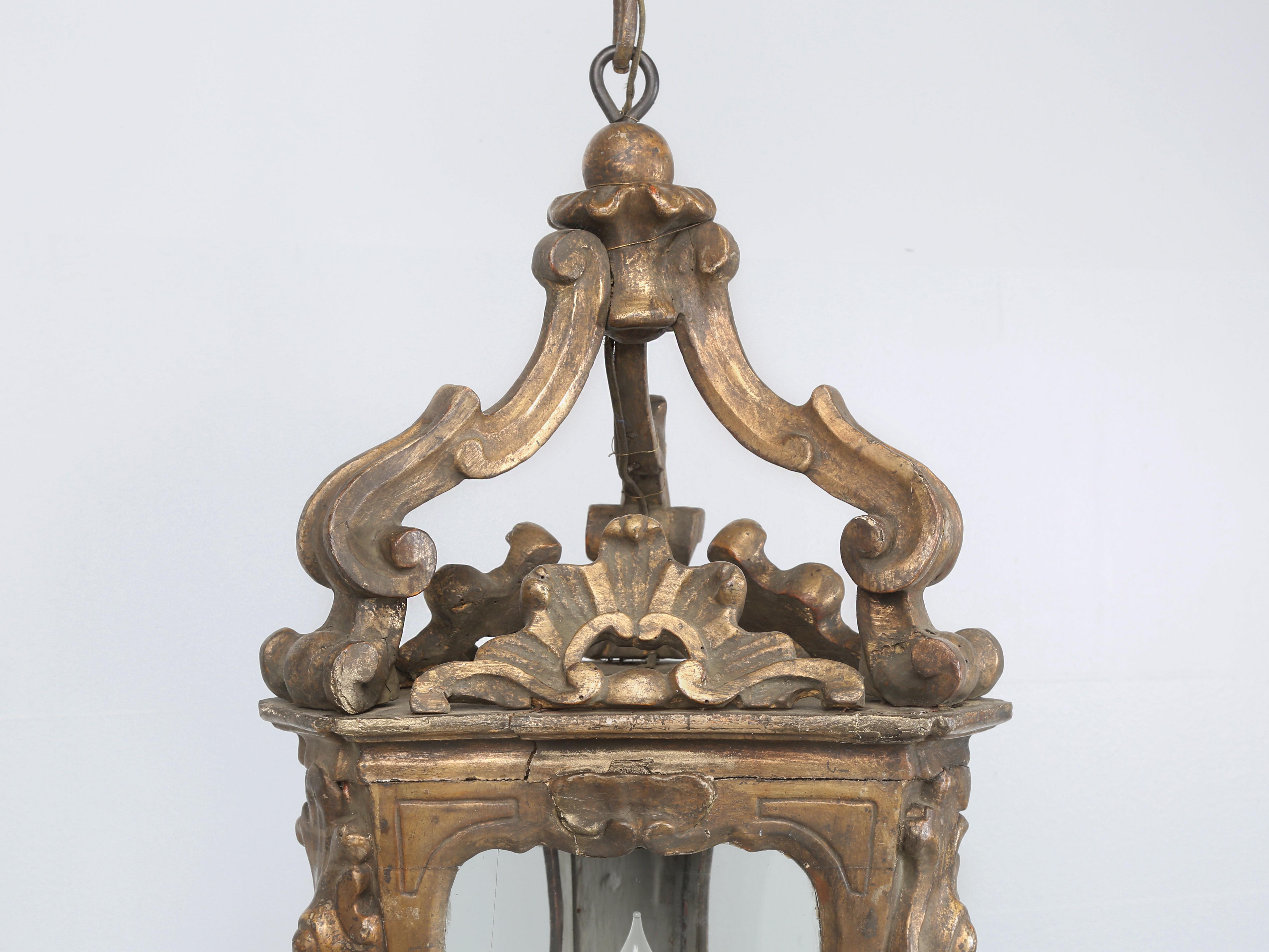 Glass Antique Italian Lantern Hand-Carved Wood Original Gilding Over 250-Years Old For Sale