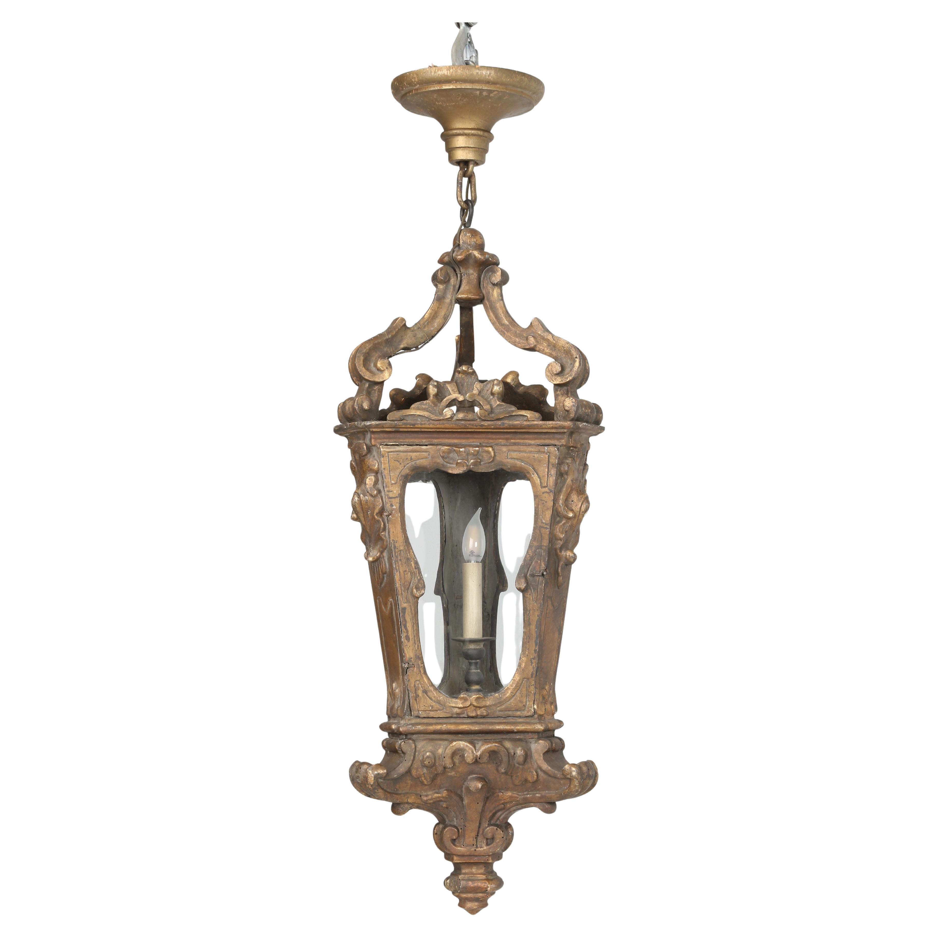 Antique Italian Lantern Hand-Carved Wood Original Gilding Over 250-Years Old For Sale