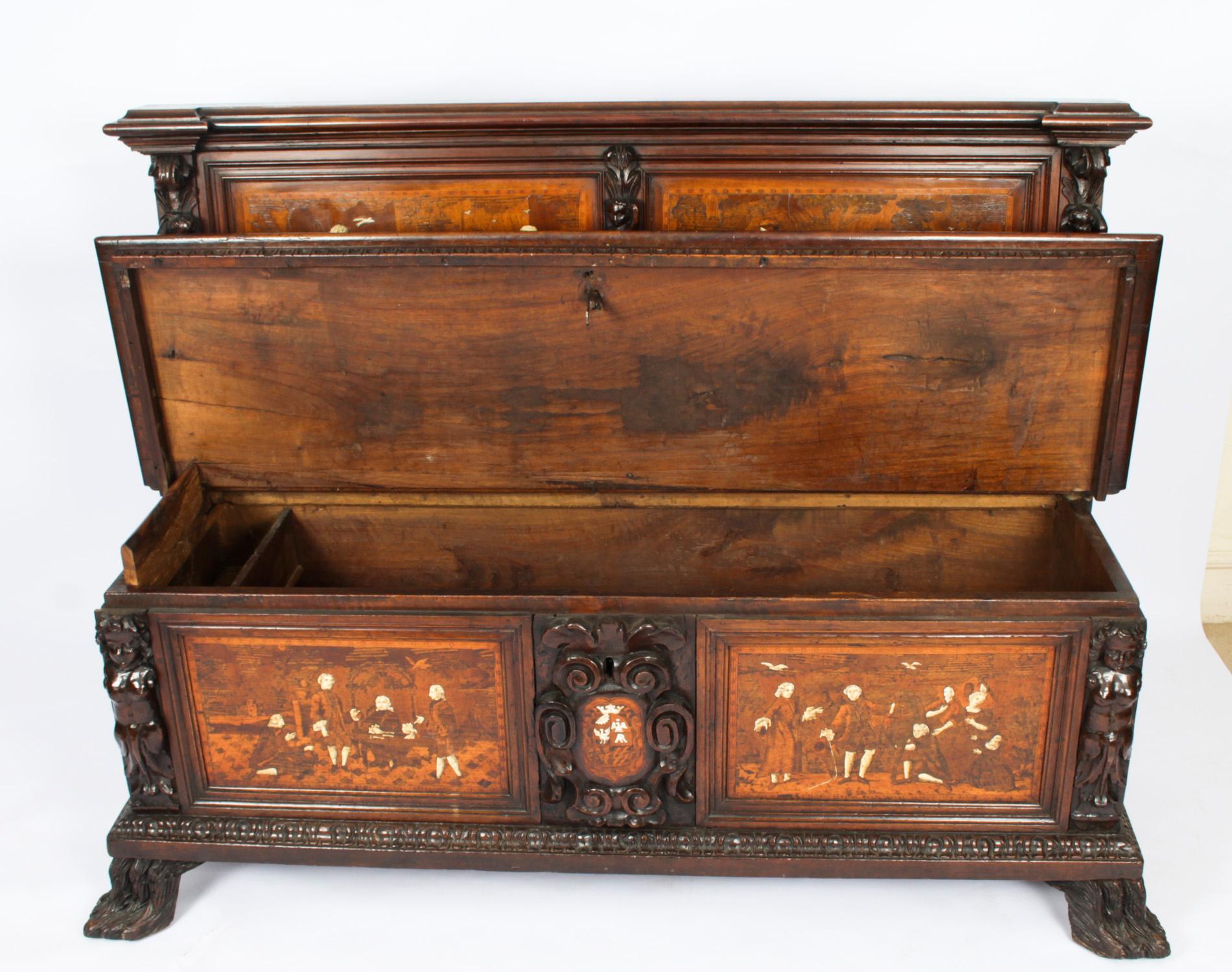 Antique Italian Lombardy Marquetry Hall Bench Settle Late 18th Century For Sale 10