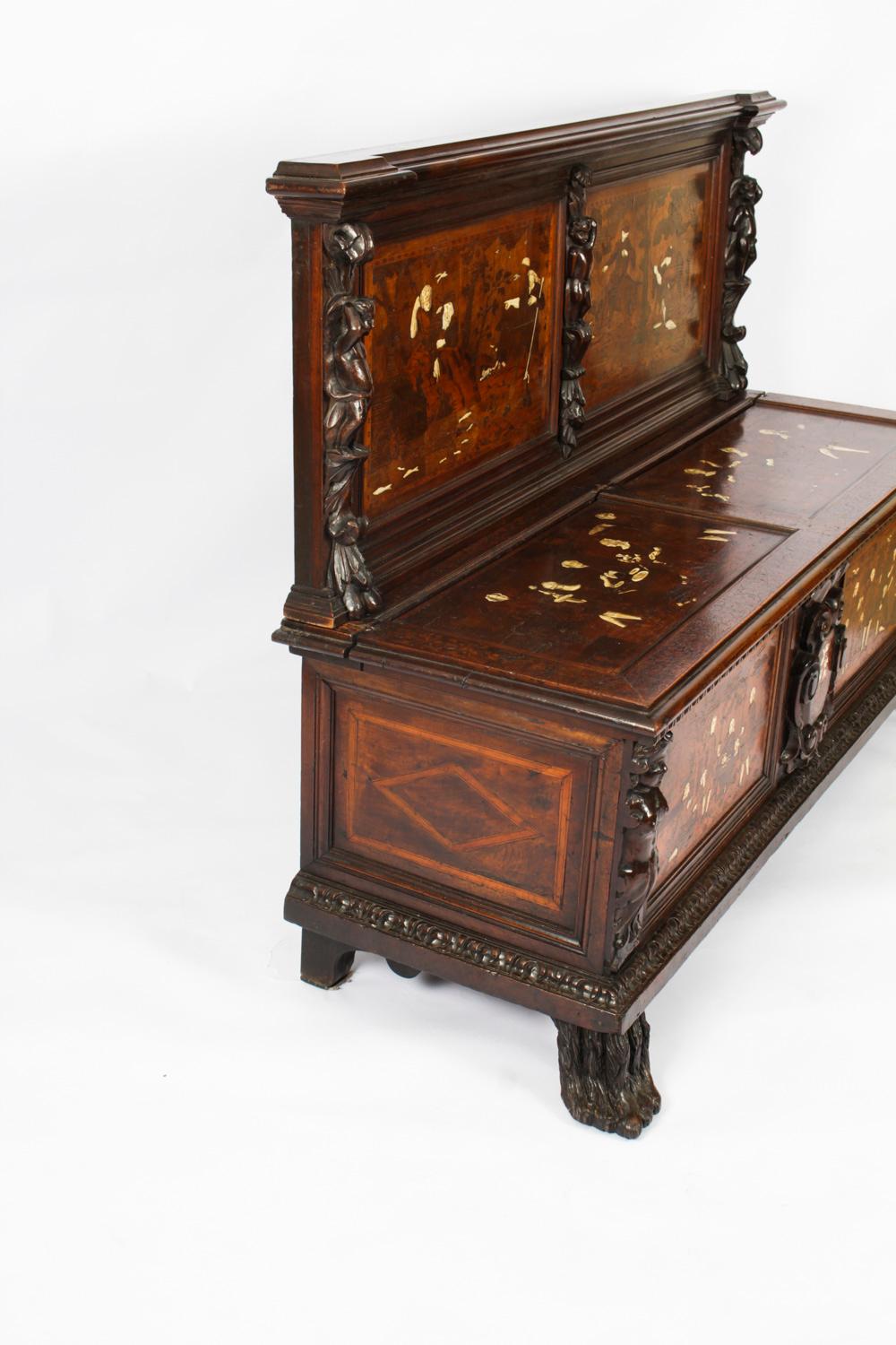 Antique Italian Lombardy Marquetry Hall Bench Settle Late 18th Century 16