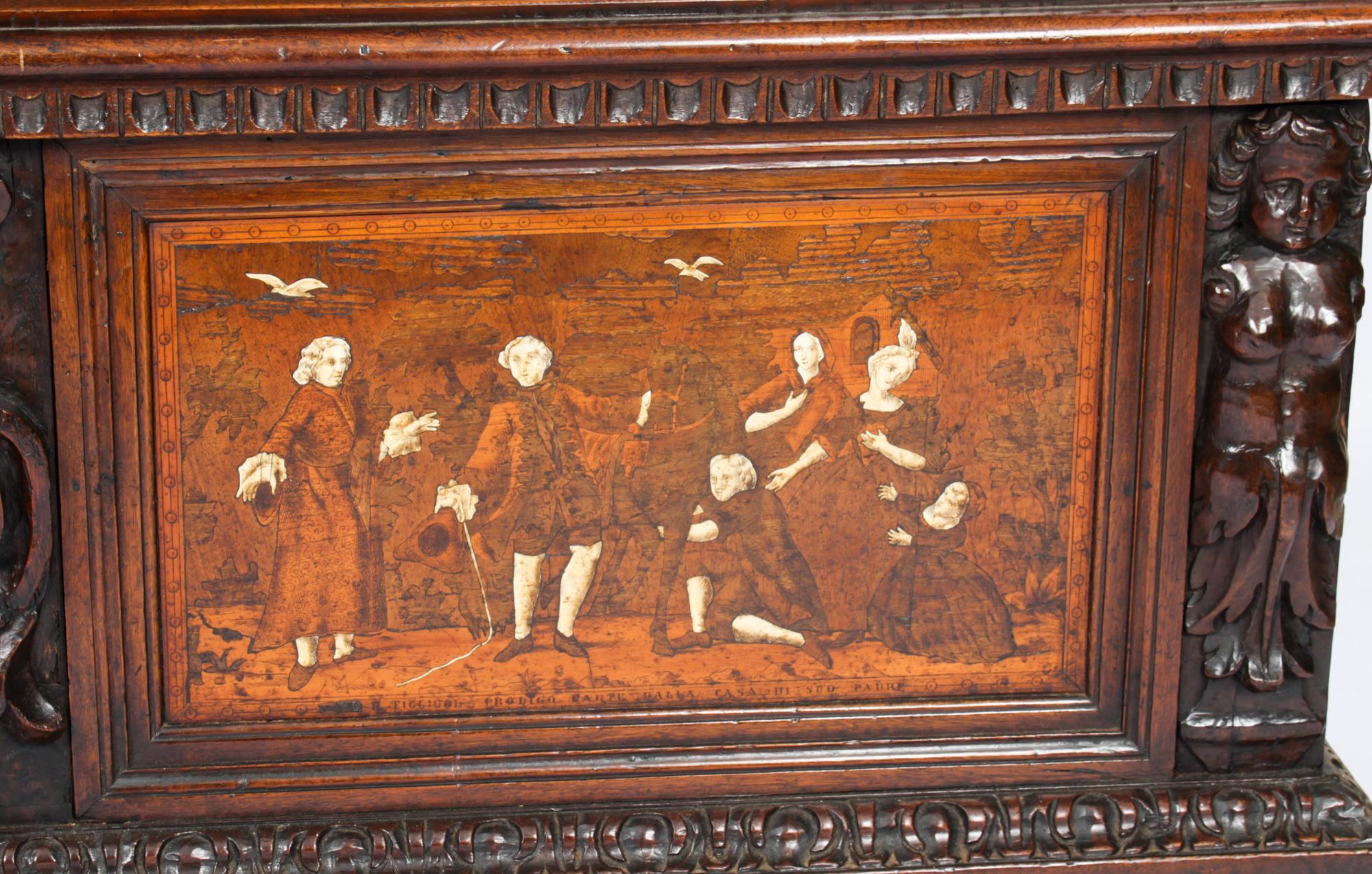 Walnut Antique Italian Lombardy Marquetry Hall Bench Settle Late 18th Century