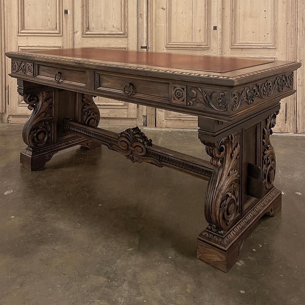 Hand-Carved Antique Italian Louis XIV Neoclassical Walnut Desk with Faux Leather Top For Sale