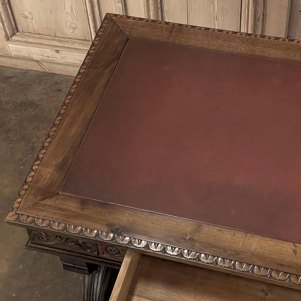 Steel Antique Italian Louis XIV Neoclassical Walnut Desk with Faux Leather Top For Sale