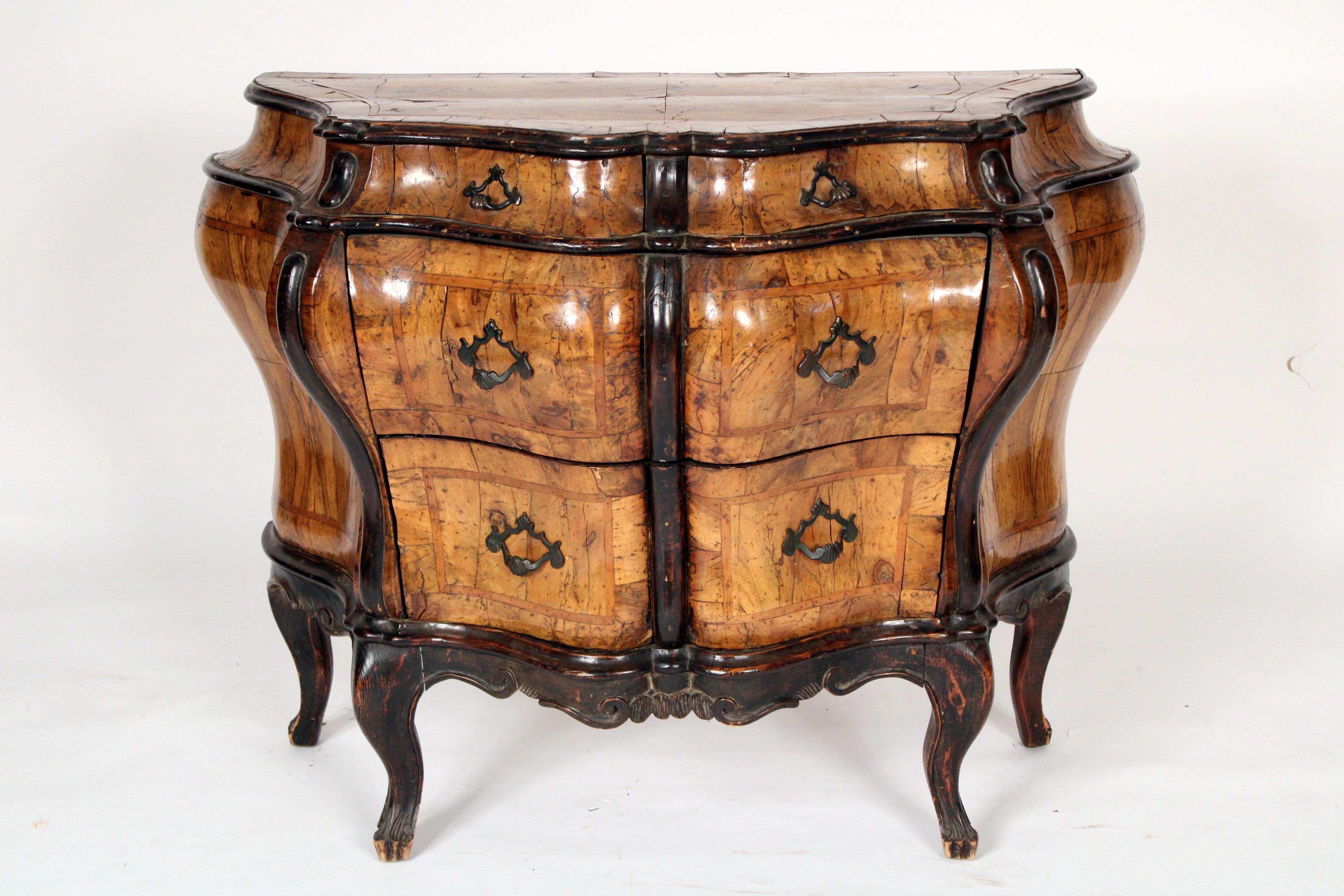 Italian antique Louis XV style olive wood bombe chest of drawers with brass drawer pulls, circa 1900.