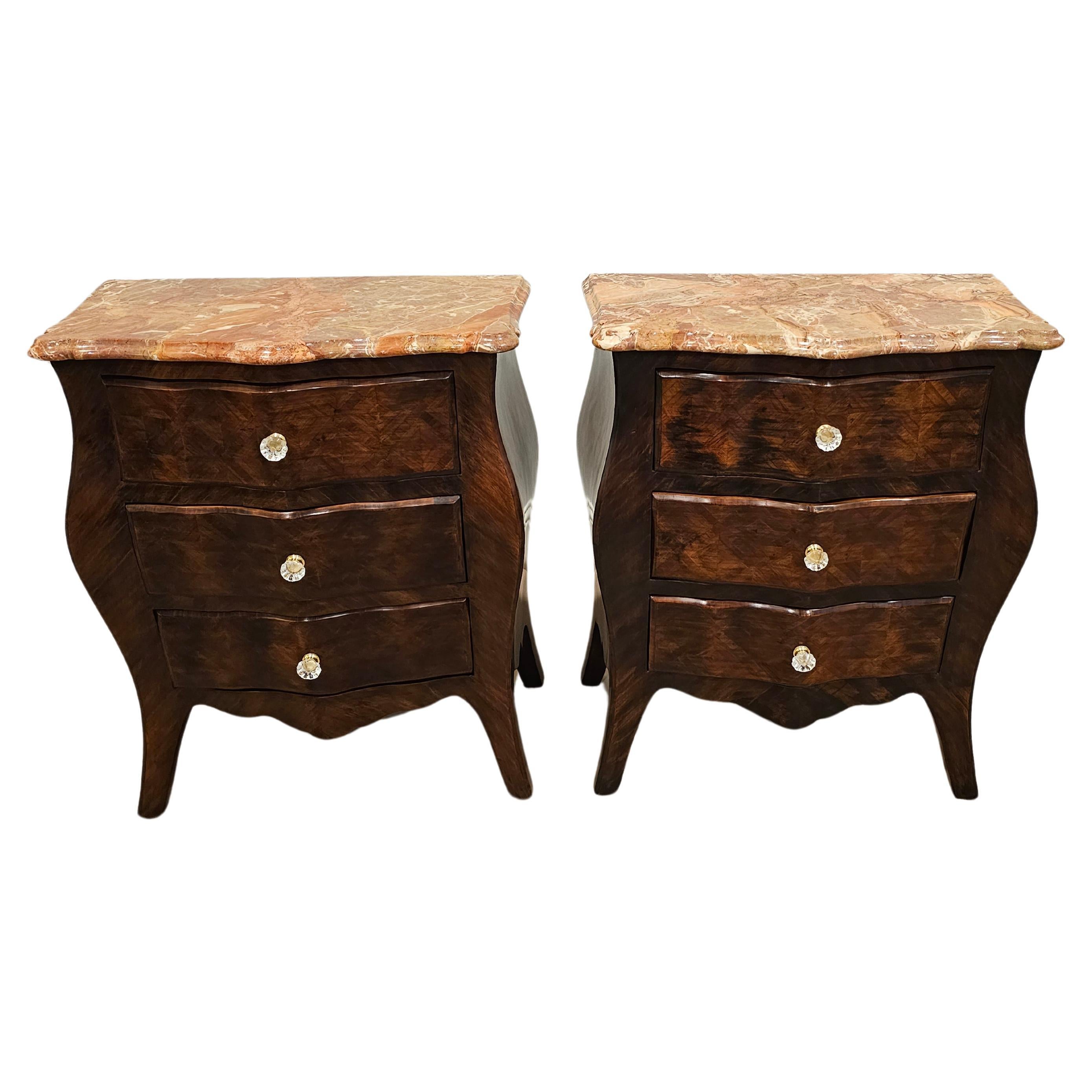 Antique Italian Louis XV Style Bombe Chest Of Drawers Nightstand Pair For Sale