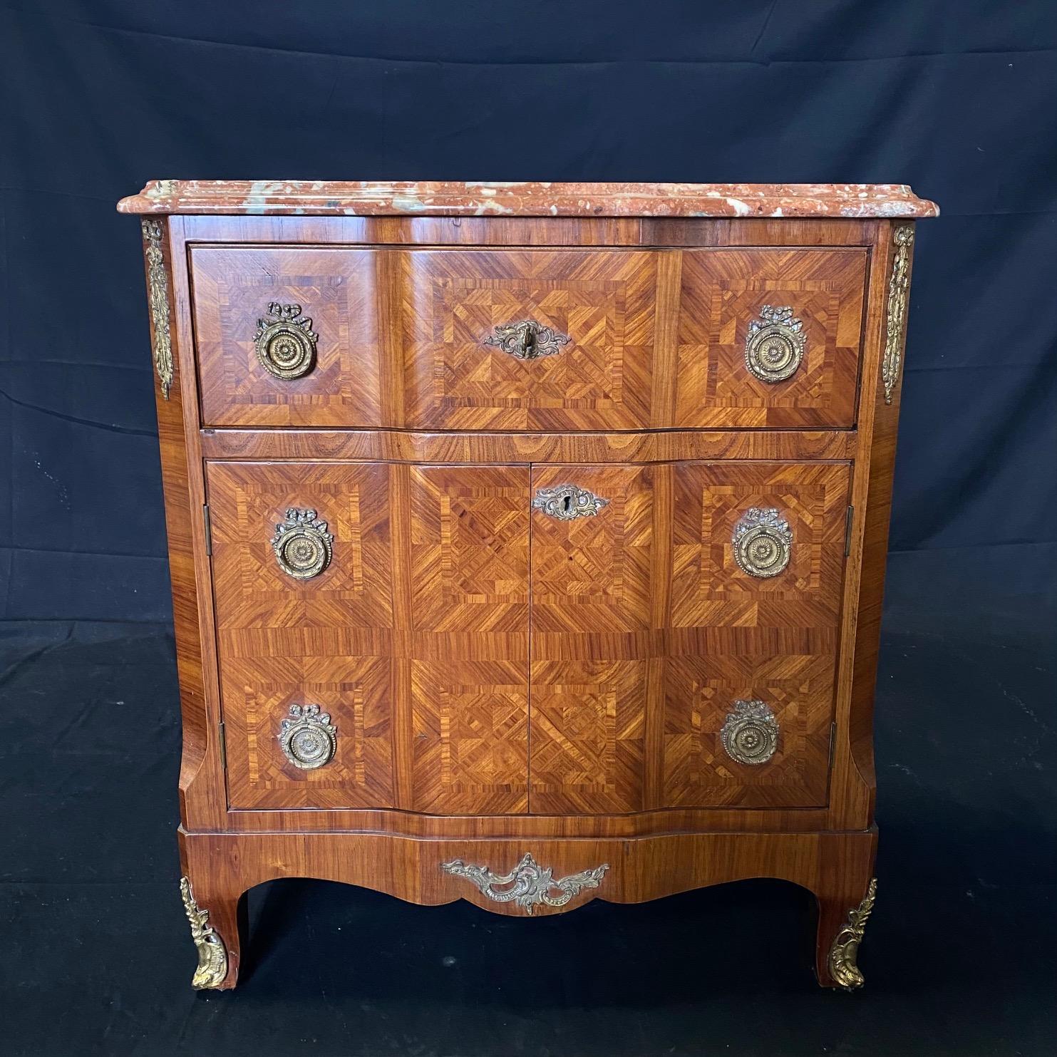 Mid-20th Century Antique Italian Louis XV Style Inlaid Marble Top Chest of Drawers Cabinet For Sale