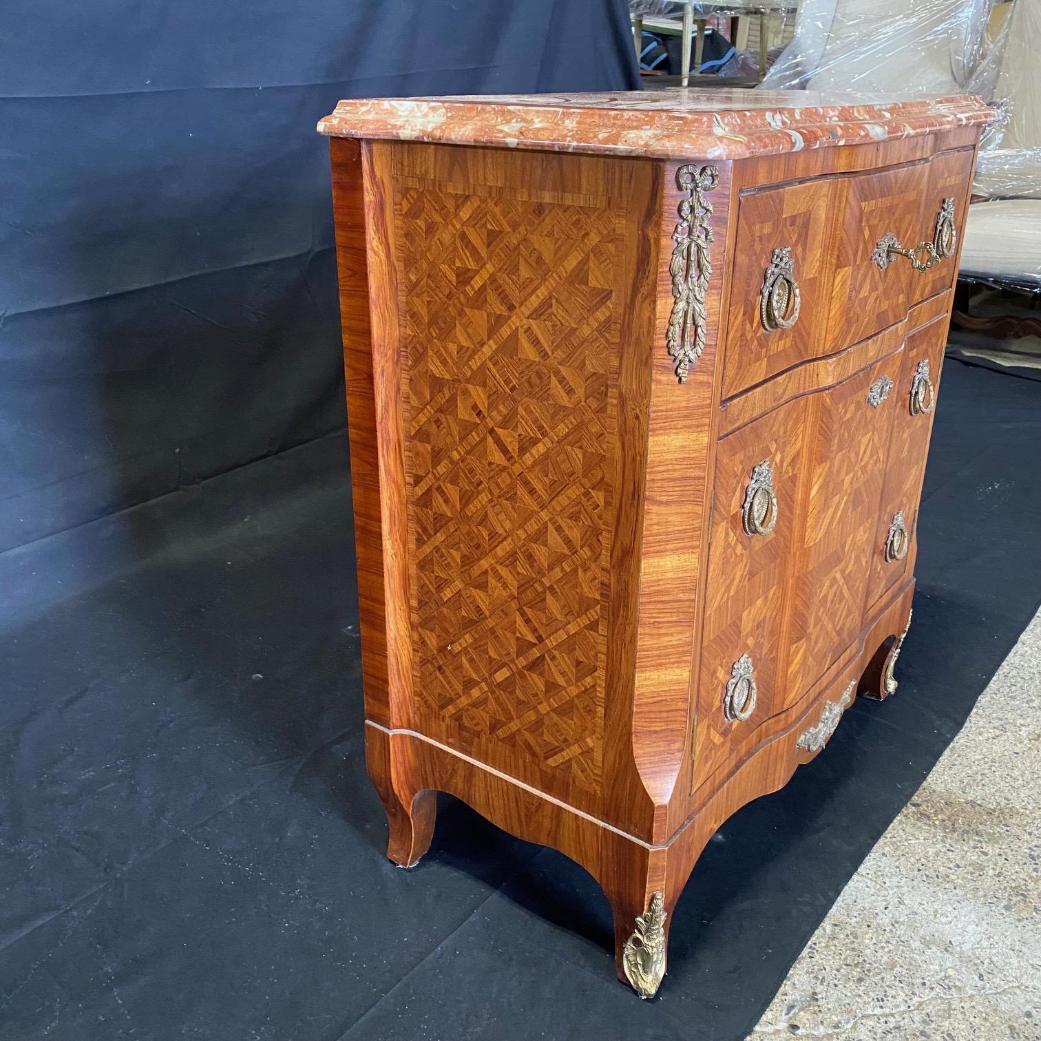 Satin Antique Italian Louis XV Style Inlaid Marble Top Chest of Drawers Cabinet For Sale