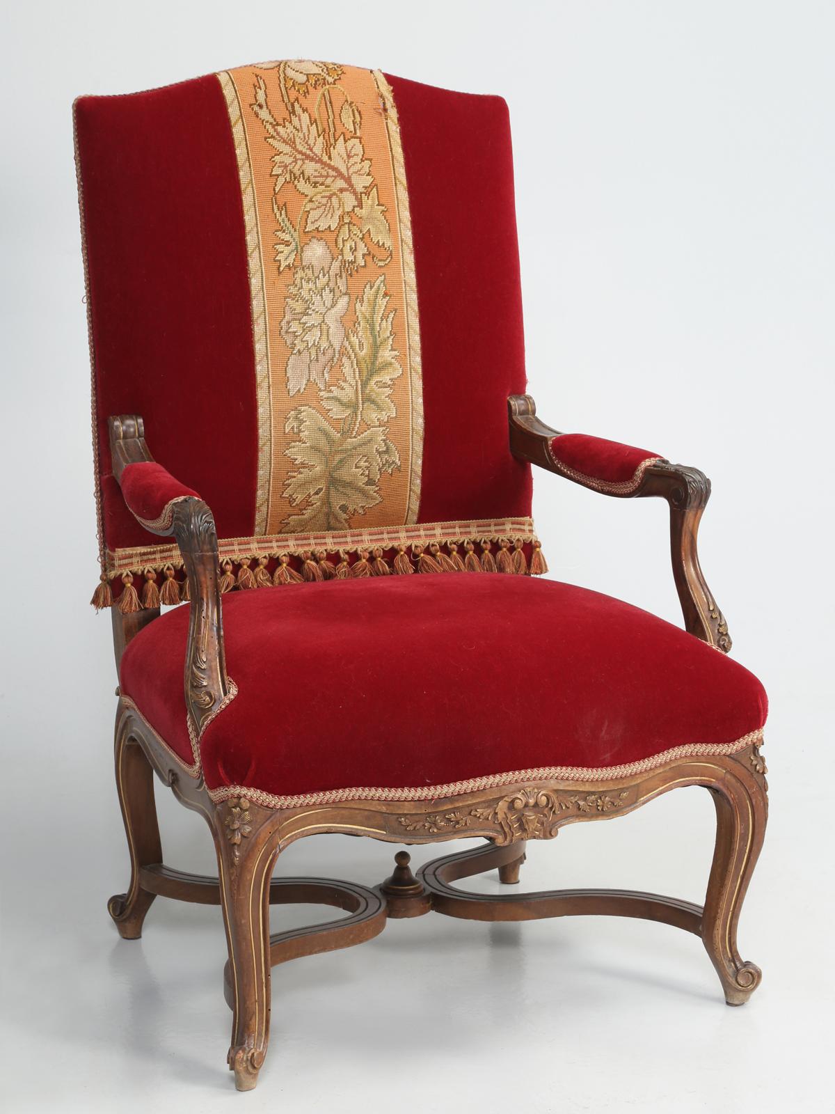 Antique Italian Louis XV style armchair or as we commonly call them a throne chair. We have just received several antique Italian parlor chairs that are all from the same home and appear to have been produced around the same time period. The fabrics