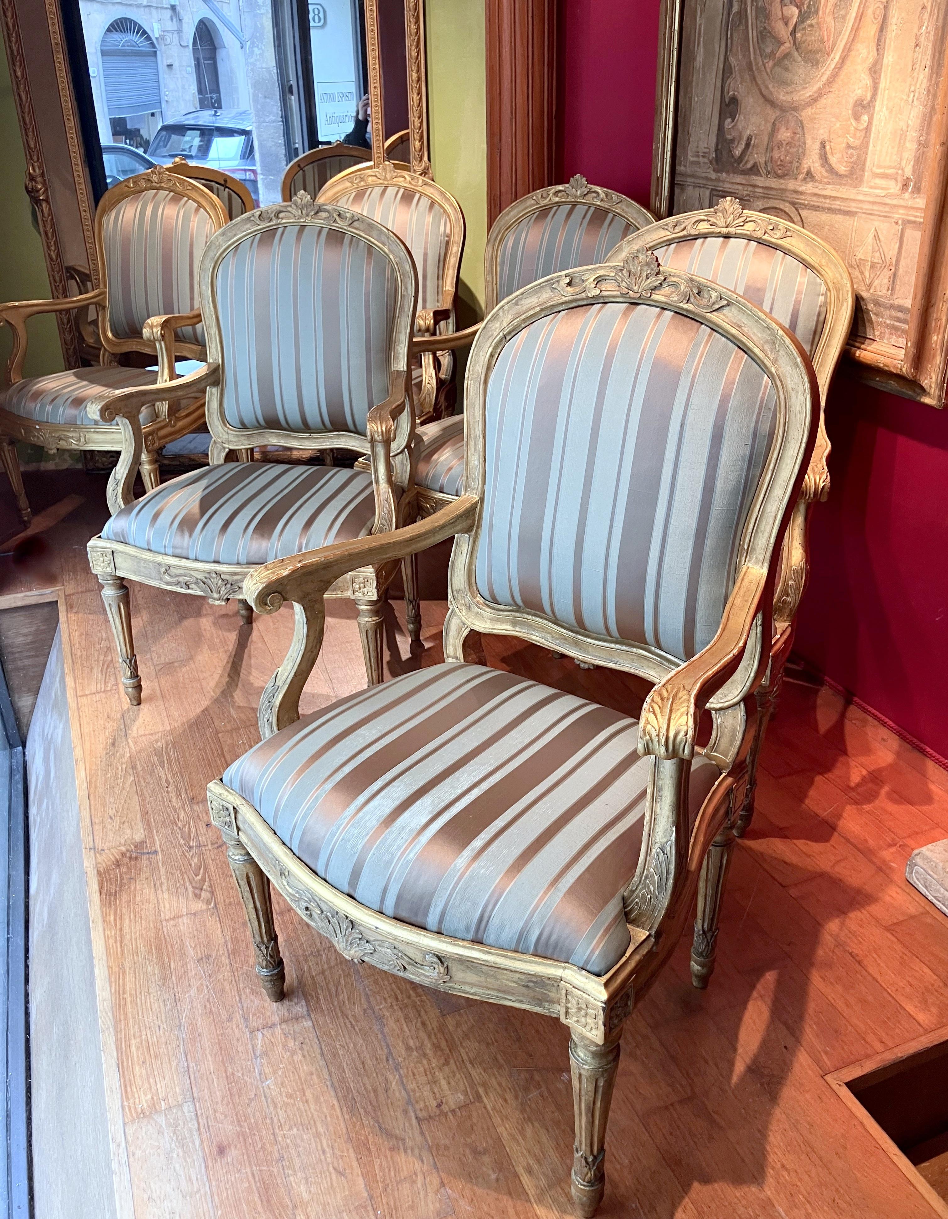 Hand-Carved Antique Italian Louis XVI Giltwood Armchairs, Florentine Silk Fabric Set of Six  For Sale