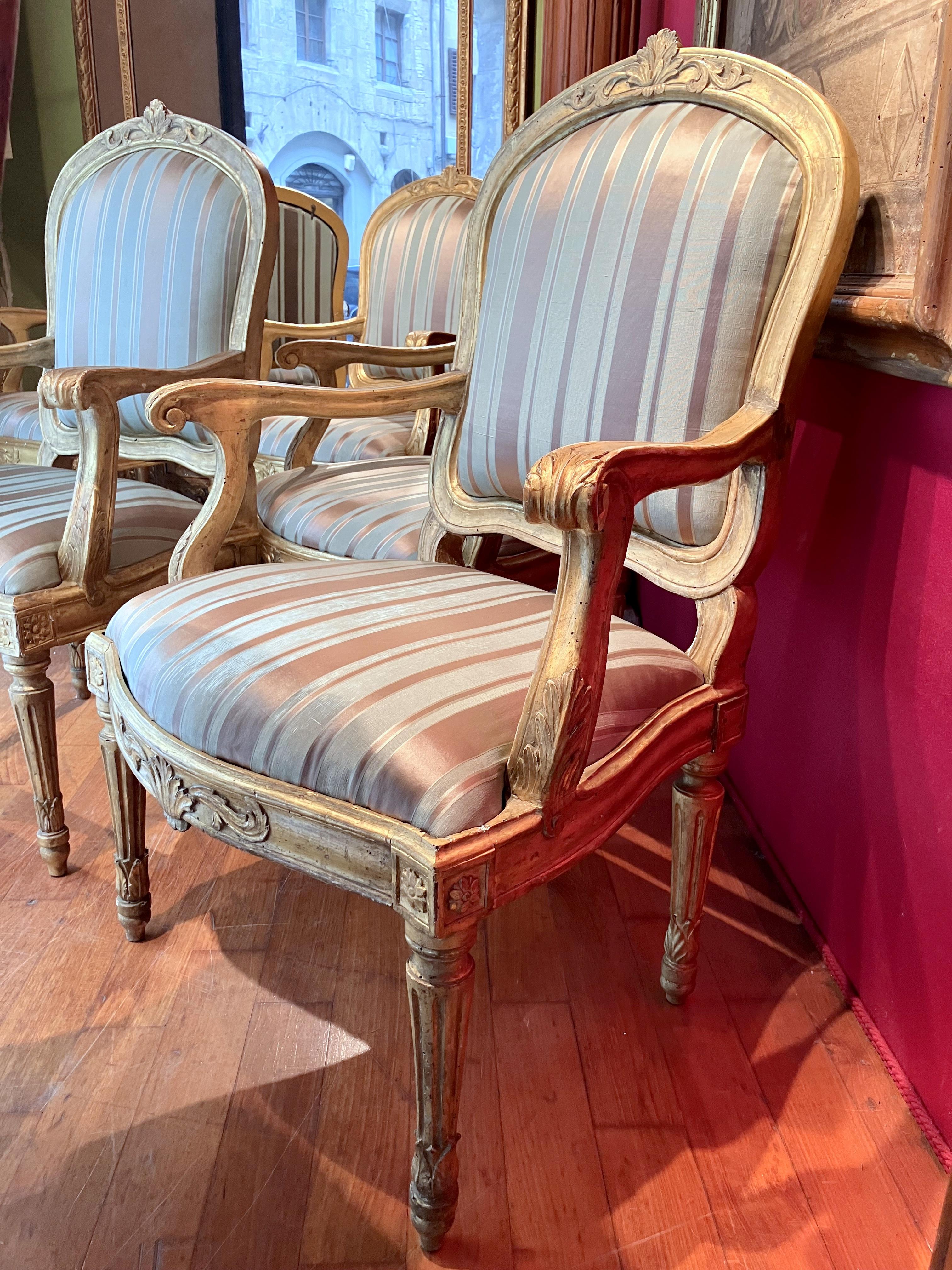 18th Century and Earlier Antique Italian Louis XVI Giltwood Armchairs, Florentine Silk Fabric Set of Six  For Sale