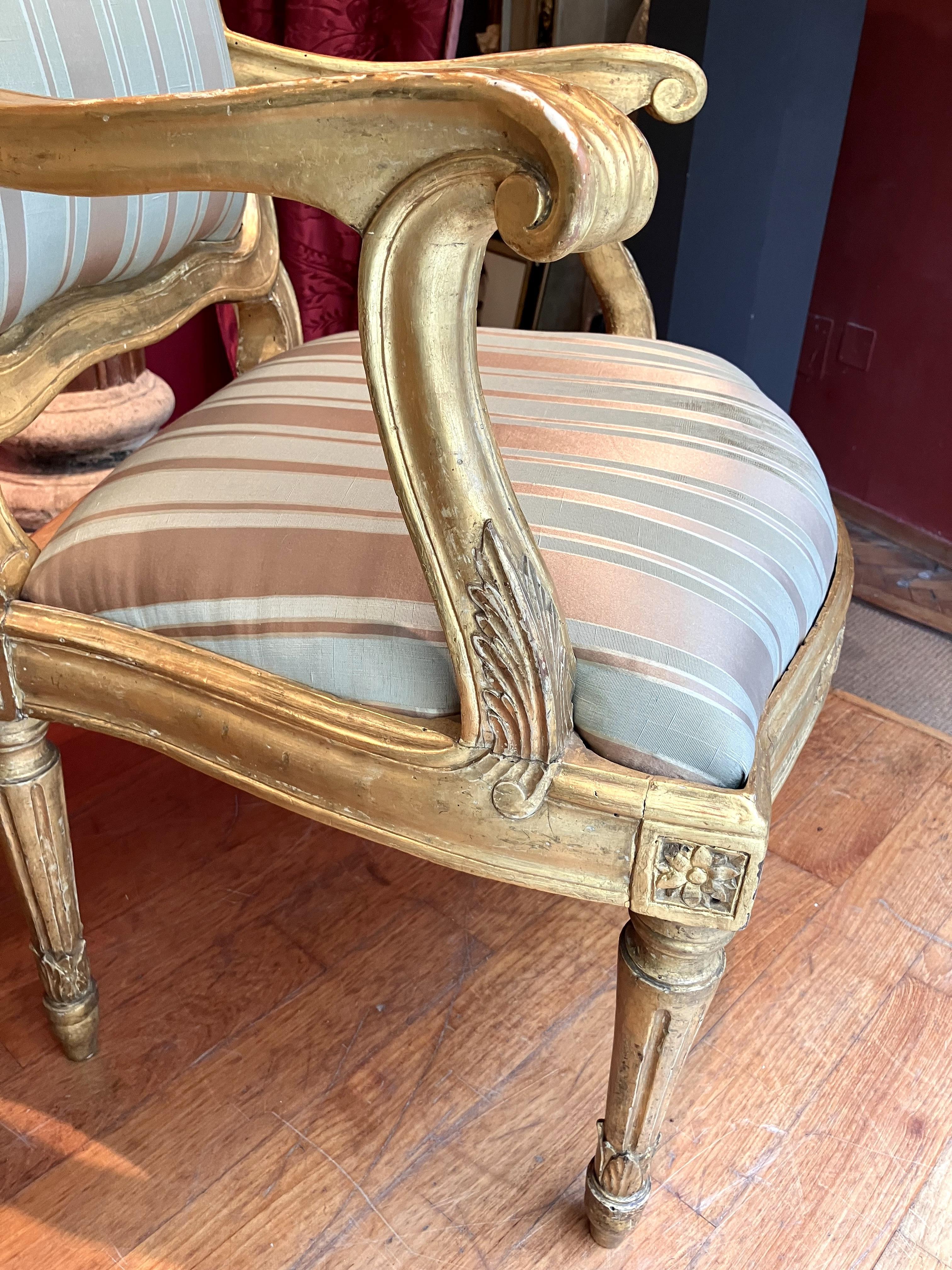 Antique Italian Louis XVI Giltwood Armchairs, Florentine Silk Fabric Set of Six  For Sale 4