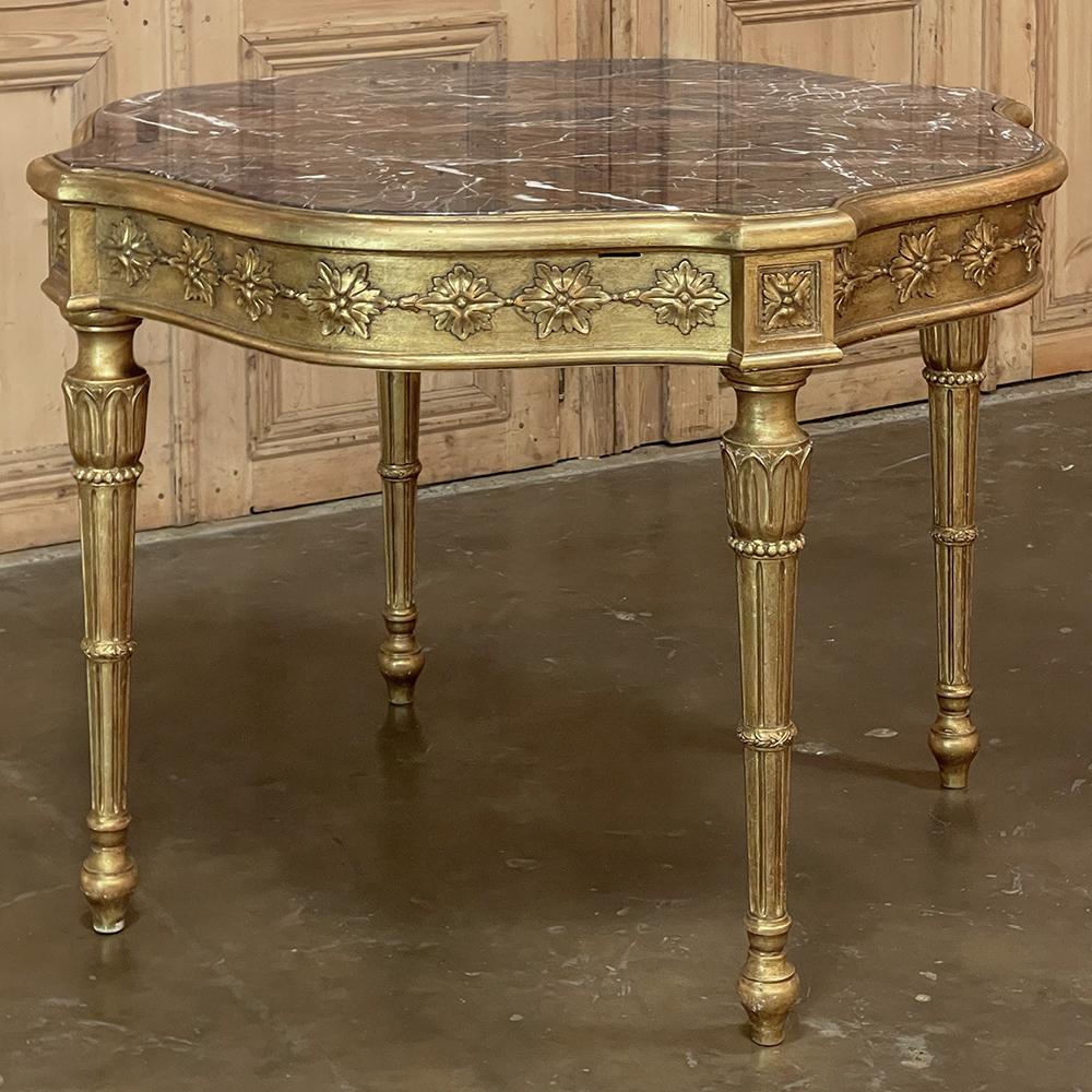 Hand-Crafted Antique Italian Louis XVI Neoclassical Giltwood Marble Top Center Table For Sale