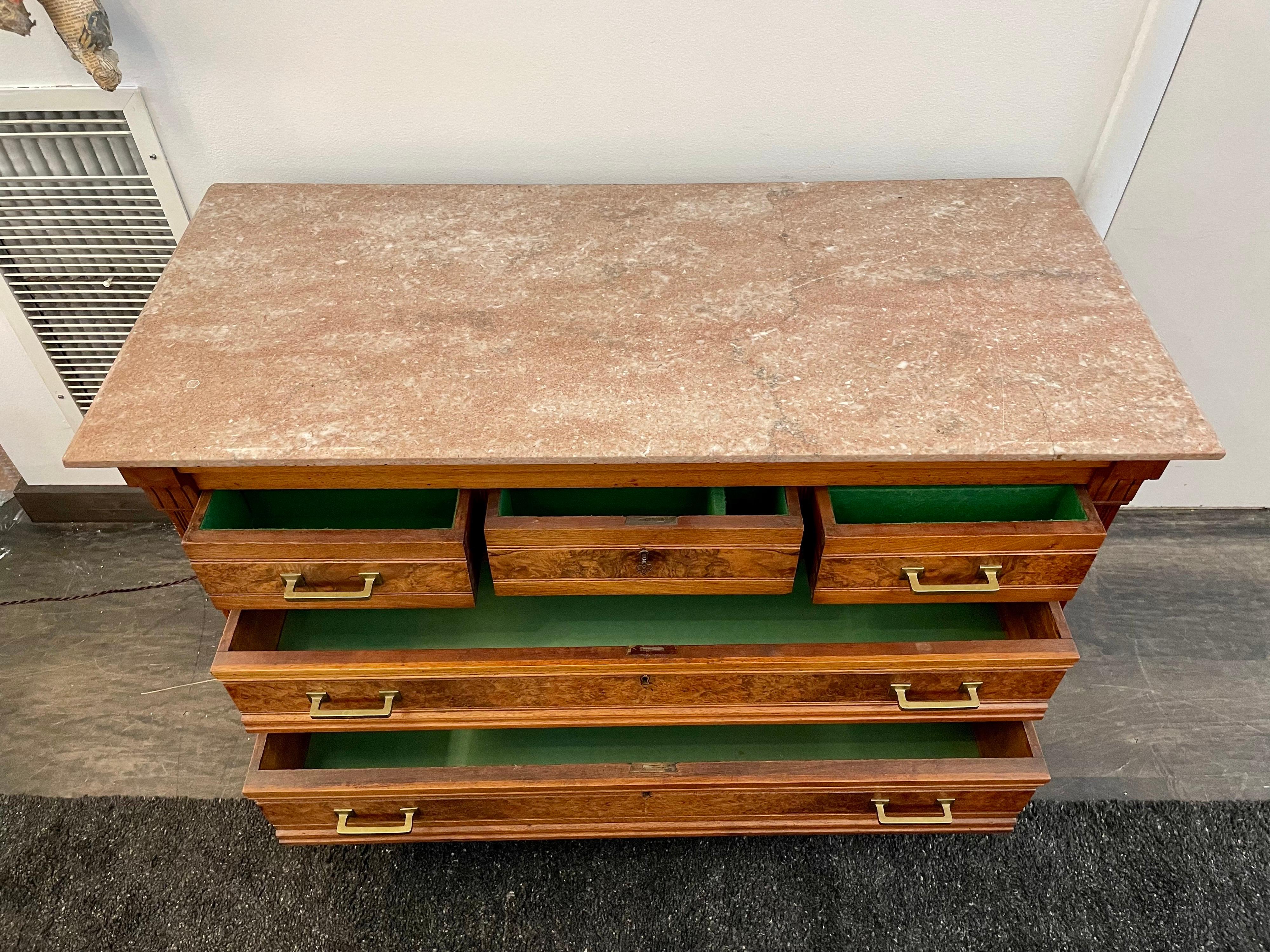 Antique Italian Mahogany & Burl Wood Commode with Verona Rosso Marble Top In Good Condition For Sale In East Hampton, NY