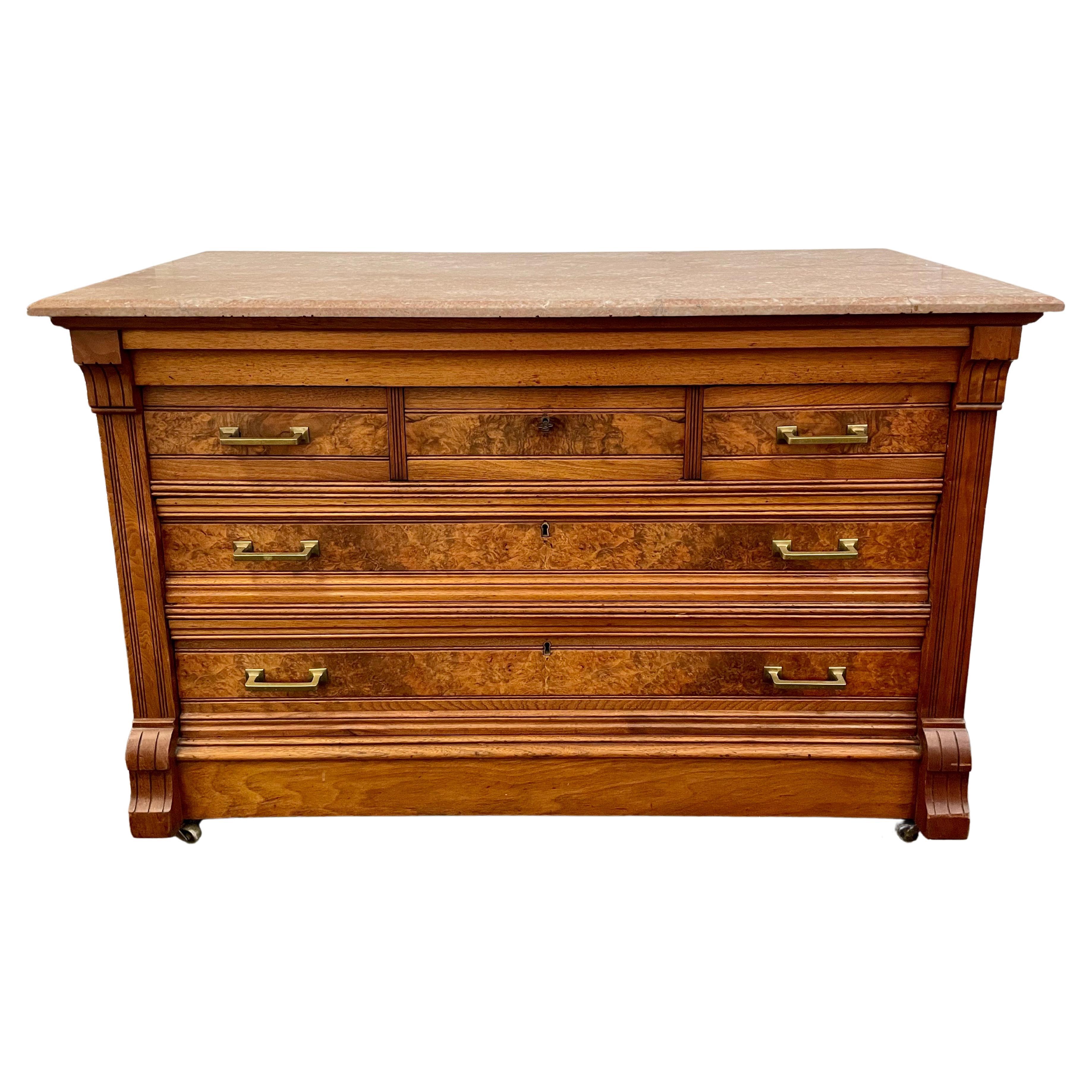 Antique Italian Mahogany & Burl Wood Commode with Verona Rosso Marble Top For Sale