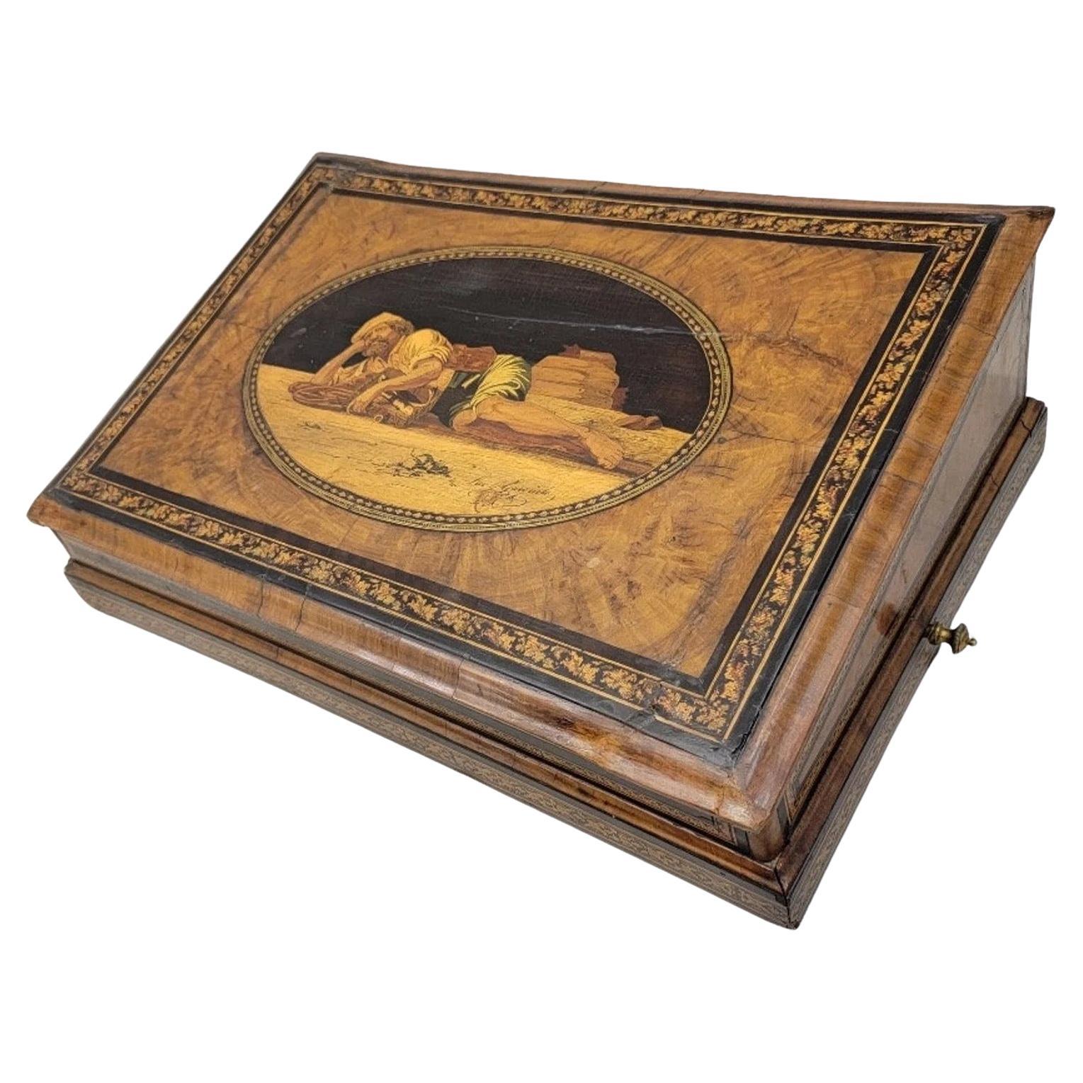 Antique Italian Mahogany Inlaid and Hand Painted Angled Lap Desk