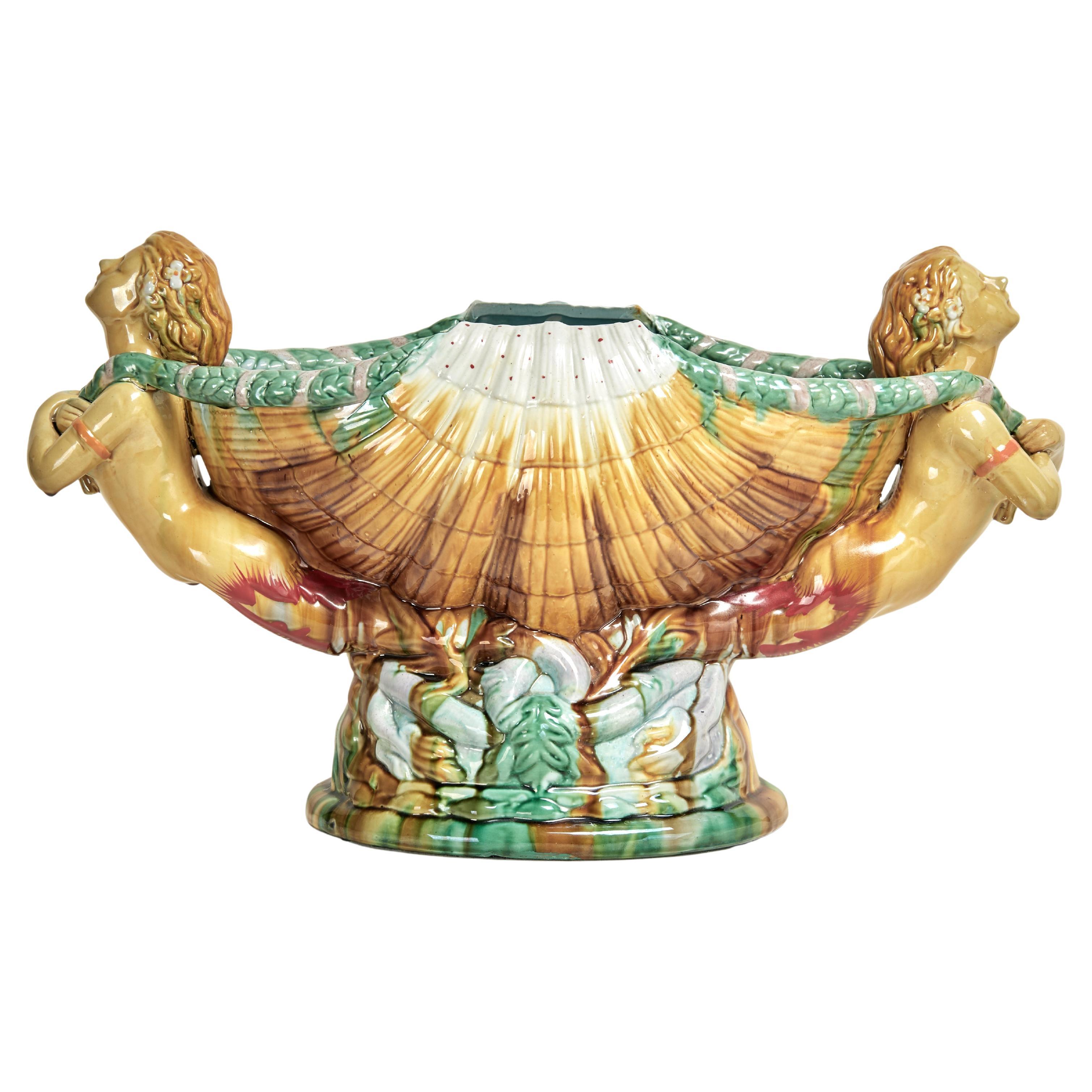 Antique Italian Majolica Centerpiece with Mermaids For Sale