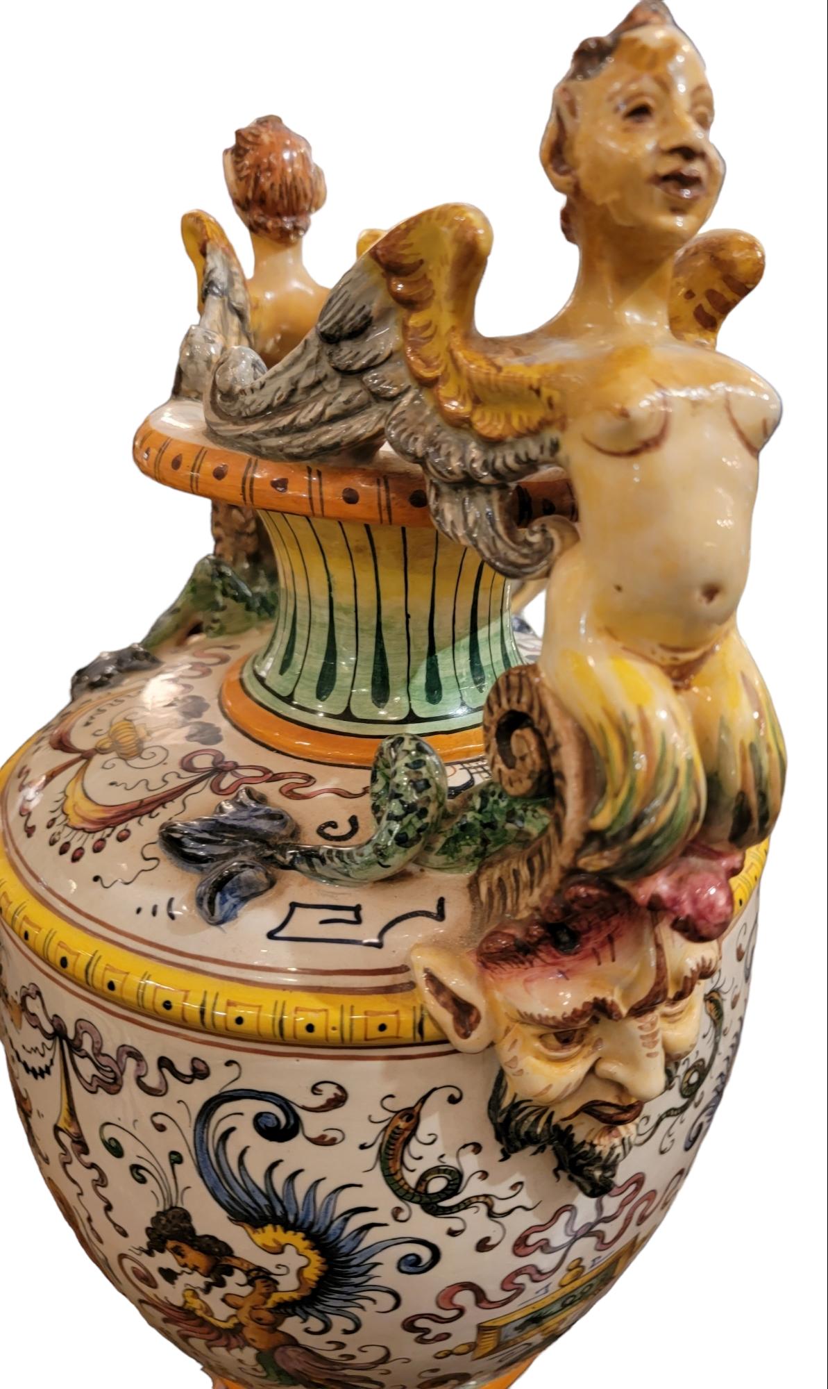 Hand-Painted Antique Italian Majolica Ornate Urns