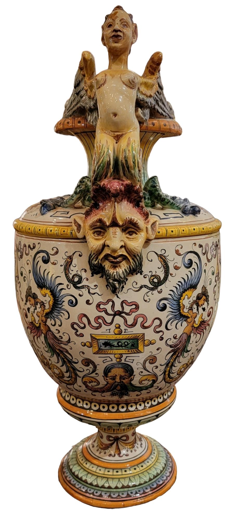 Antique Italian Majolica Ornate Urns In Good Condition In Pasadena, CA