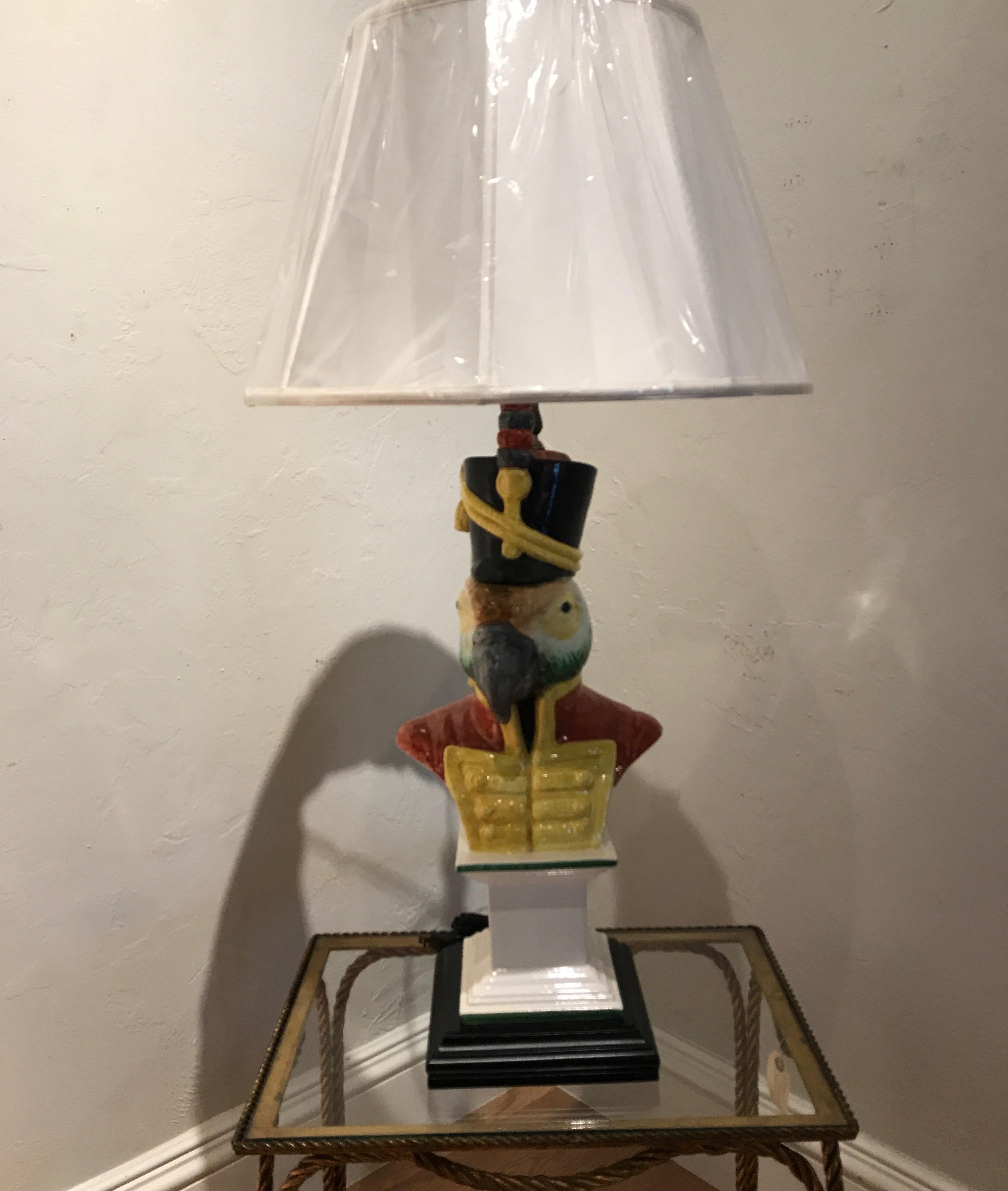 Whimsical Italian Majolica Parrot dressed in military uniform and later turned into lamp. New custom shade.