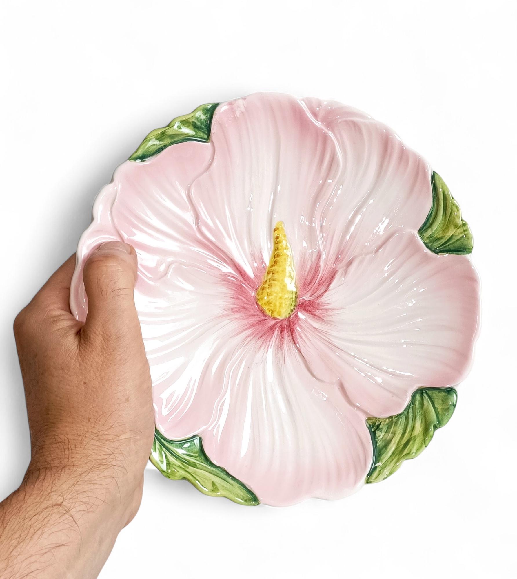 Antique Italian Majolica Pink and Green Flower Plate For Sale 3