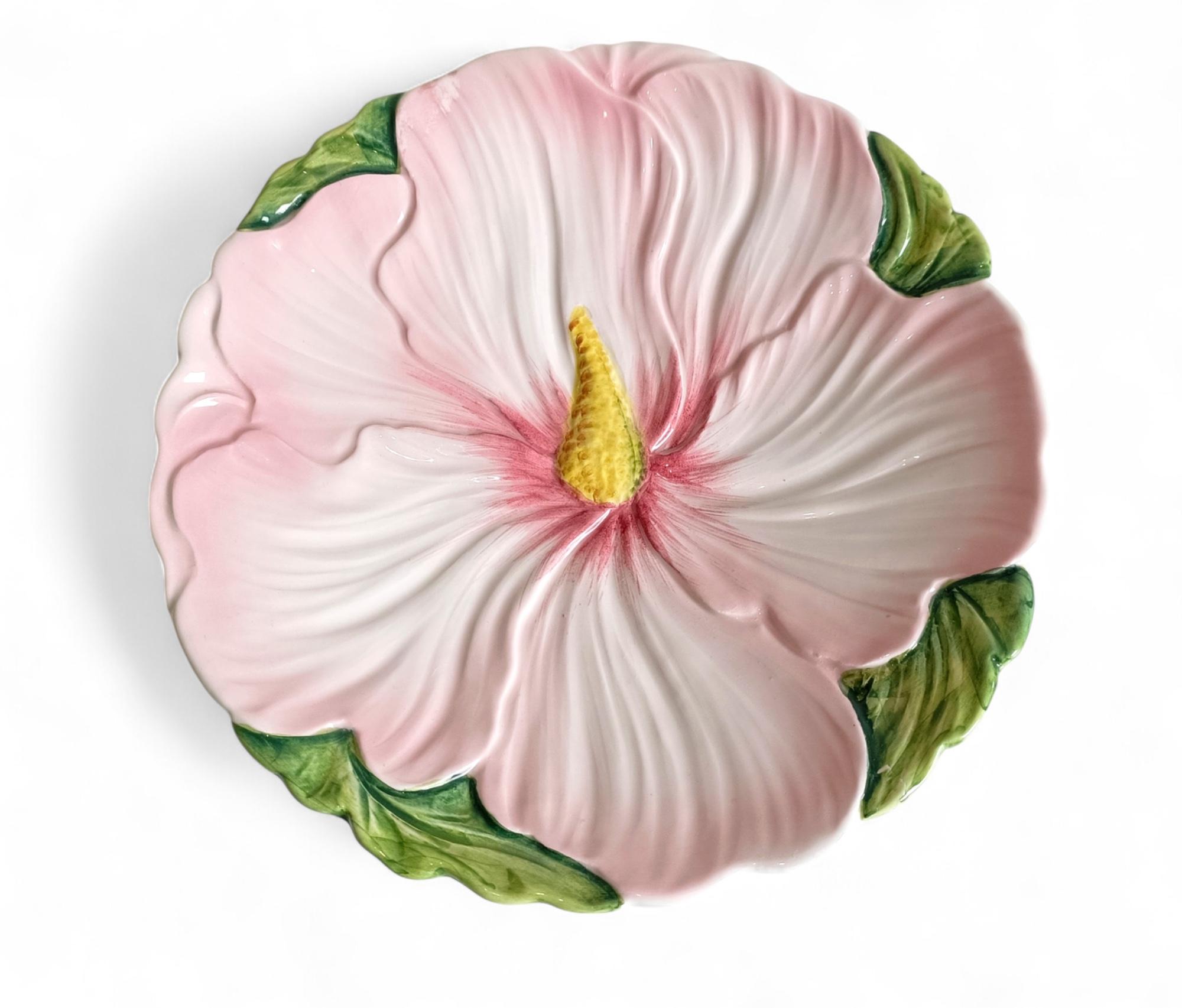 Glazed Antique Italian Majolica Pink and Green Flower Plate For Sale