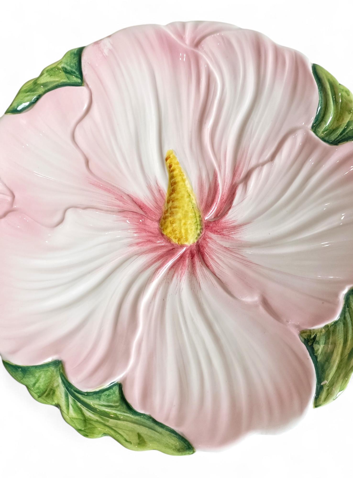 20th Century Antique Italian Majolica Pink and Green Flower Plate For Sale