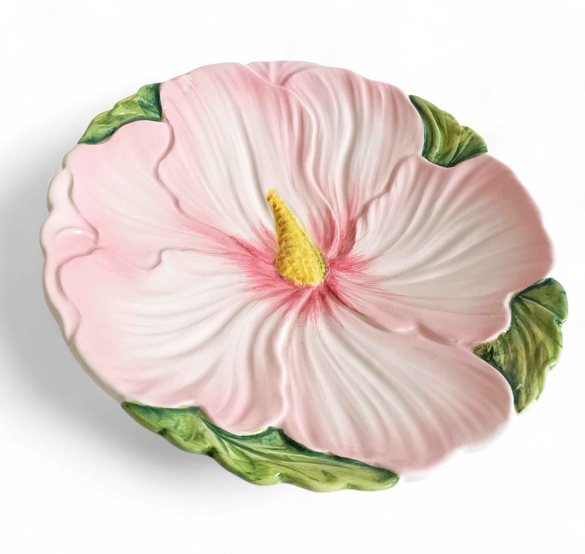 Clay Antique Italian Majolica Pink and Green Flower Plate For Sale